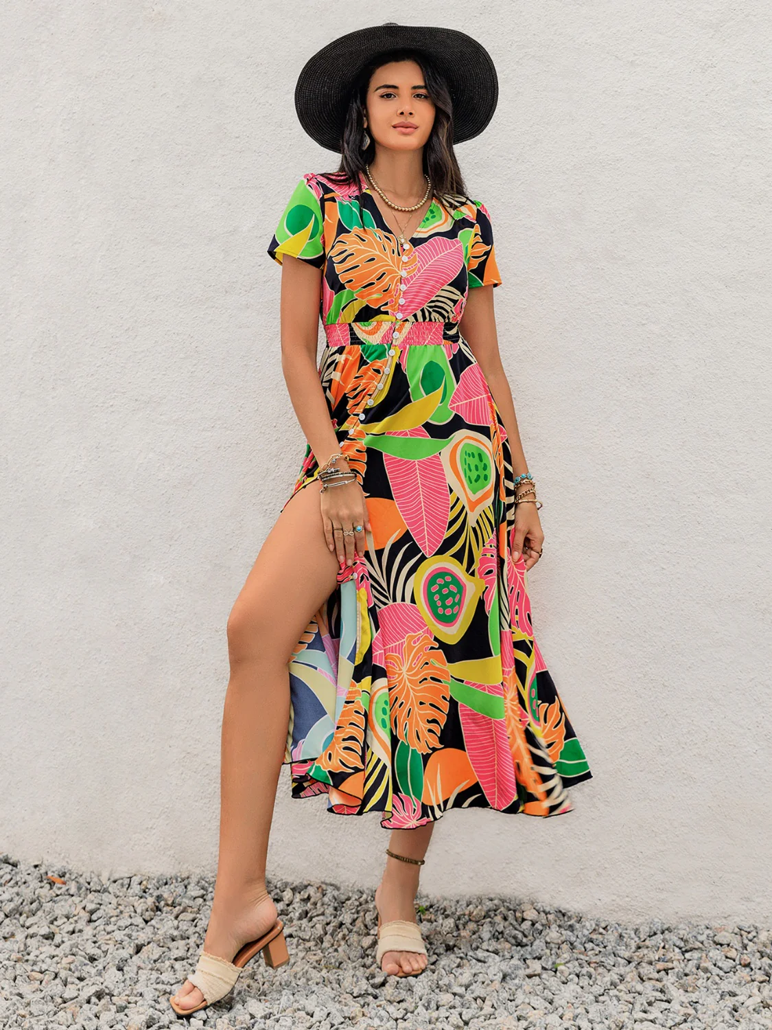 Tropical Print V-Neck Short Sleeve Midi Dress - Image 7