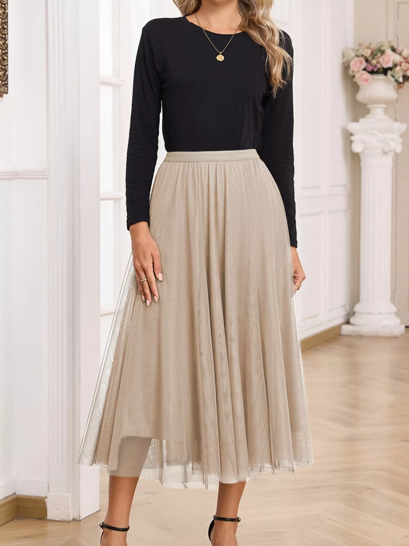 Tulle Mesh Overlay Flared Midi Skirt - Image 5