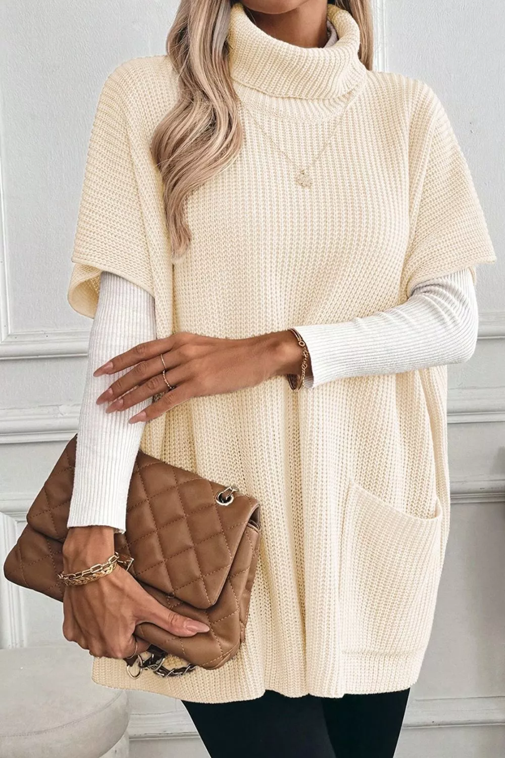 Turtleneck Knit Short Sleeve Sweater - Image 2