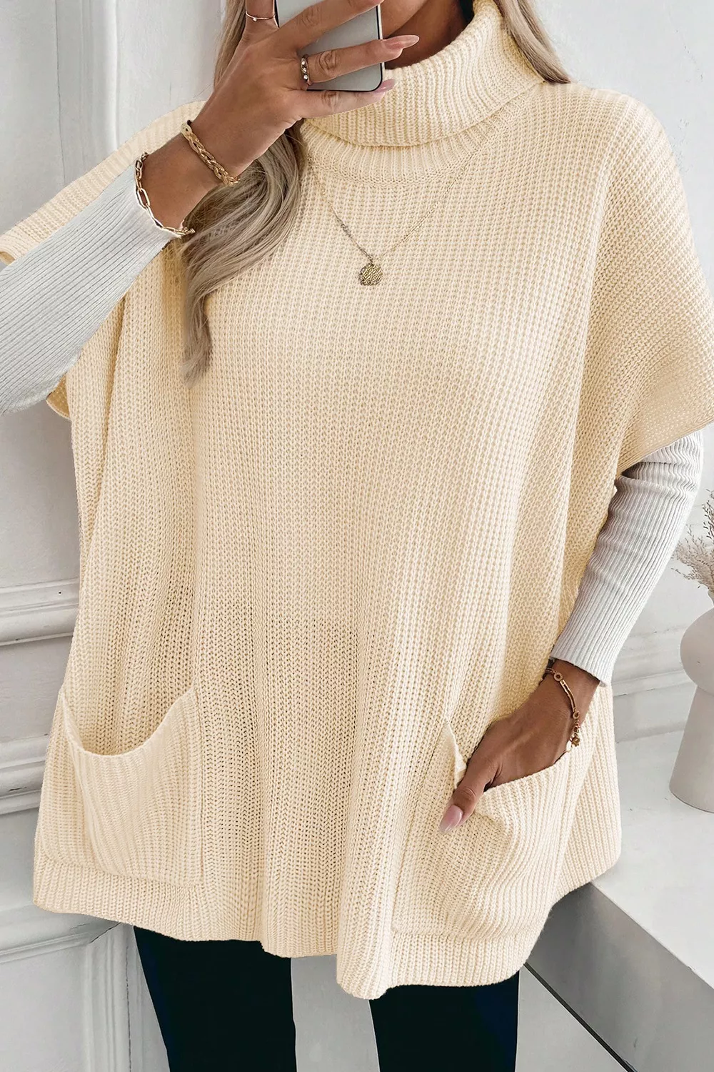 Turtleneck Knit Short Sleeve Sweater - Image 3