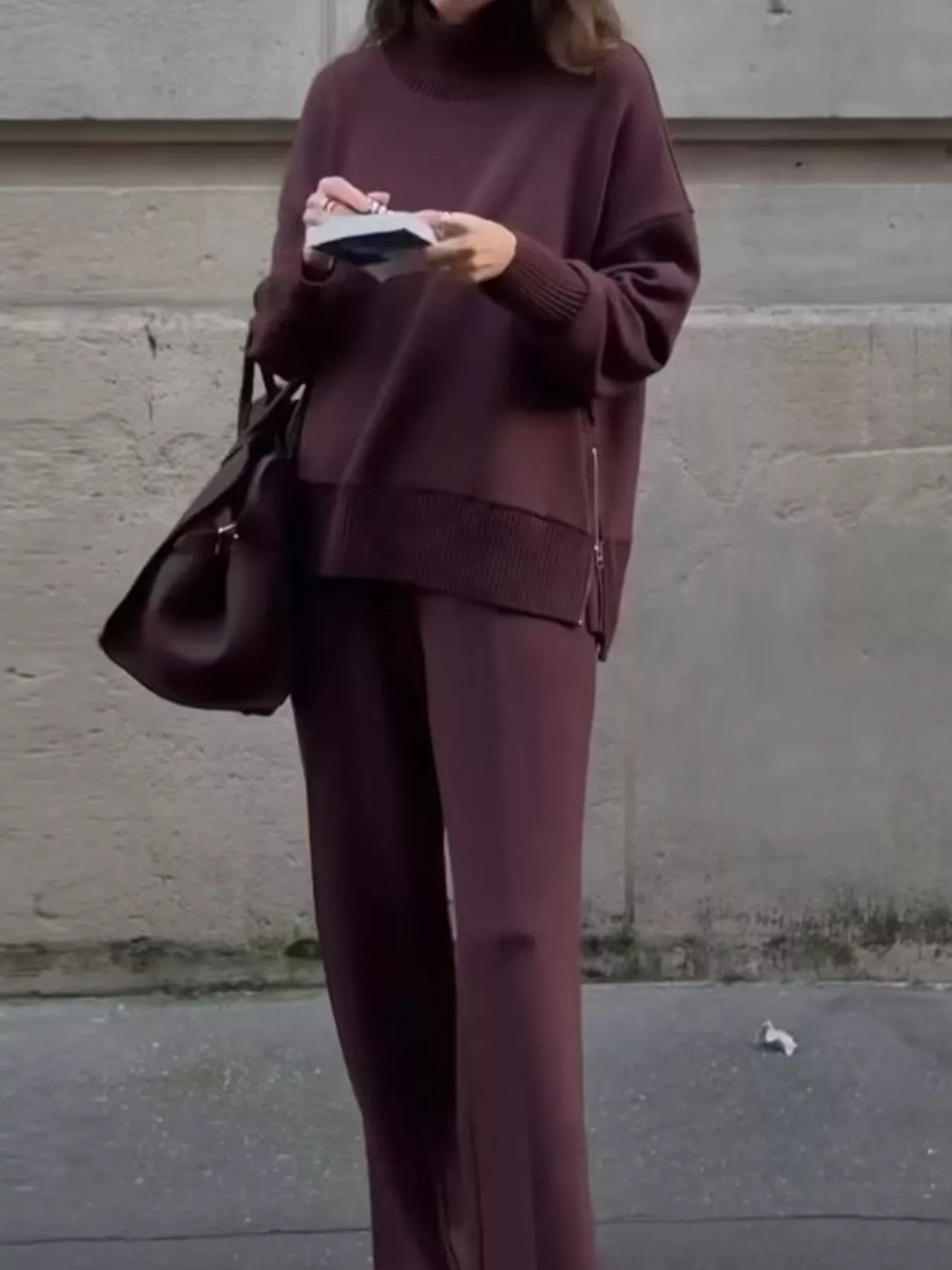 Turtleneck Side Zipper Sweatshirt and Pants Set - Image 2