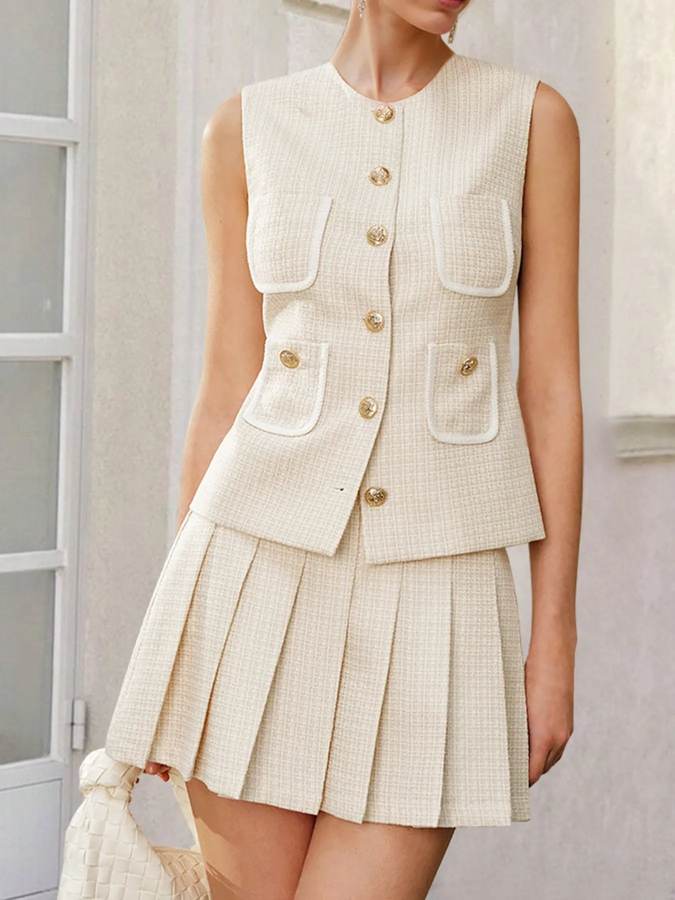 Tweed Button-Front Vest and Pleated Skirt Set - Image 3