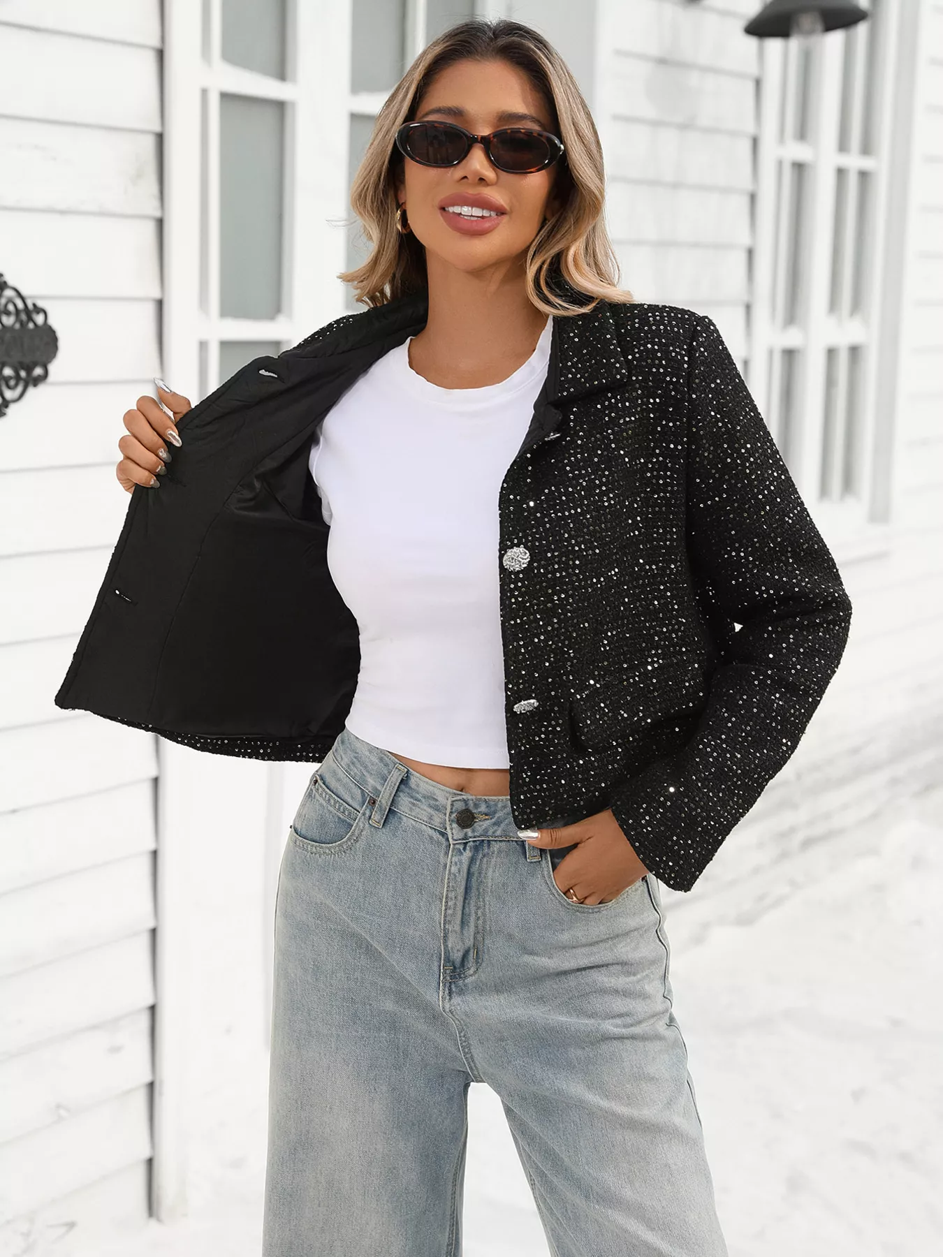 Tweed Button Up Cropped Jacket - Image 5