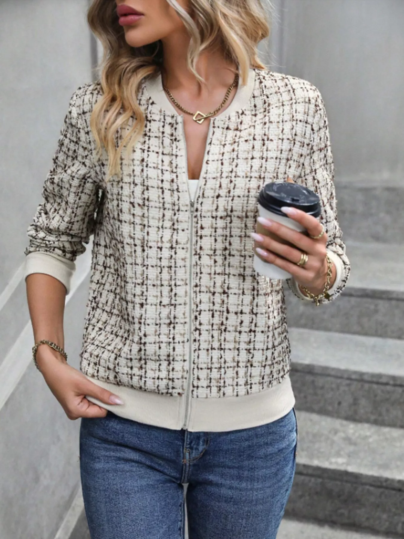 Tweed Zip Up Bomber Jacket - Image 4