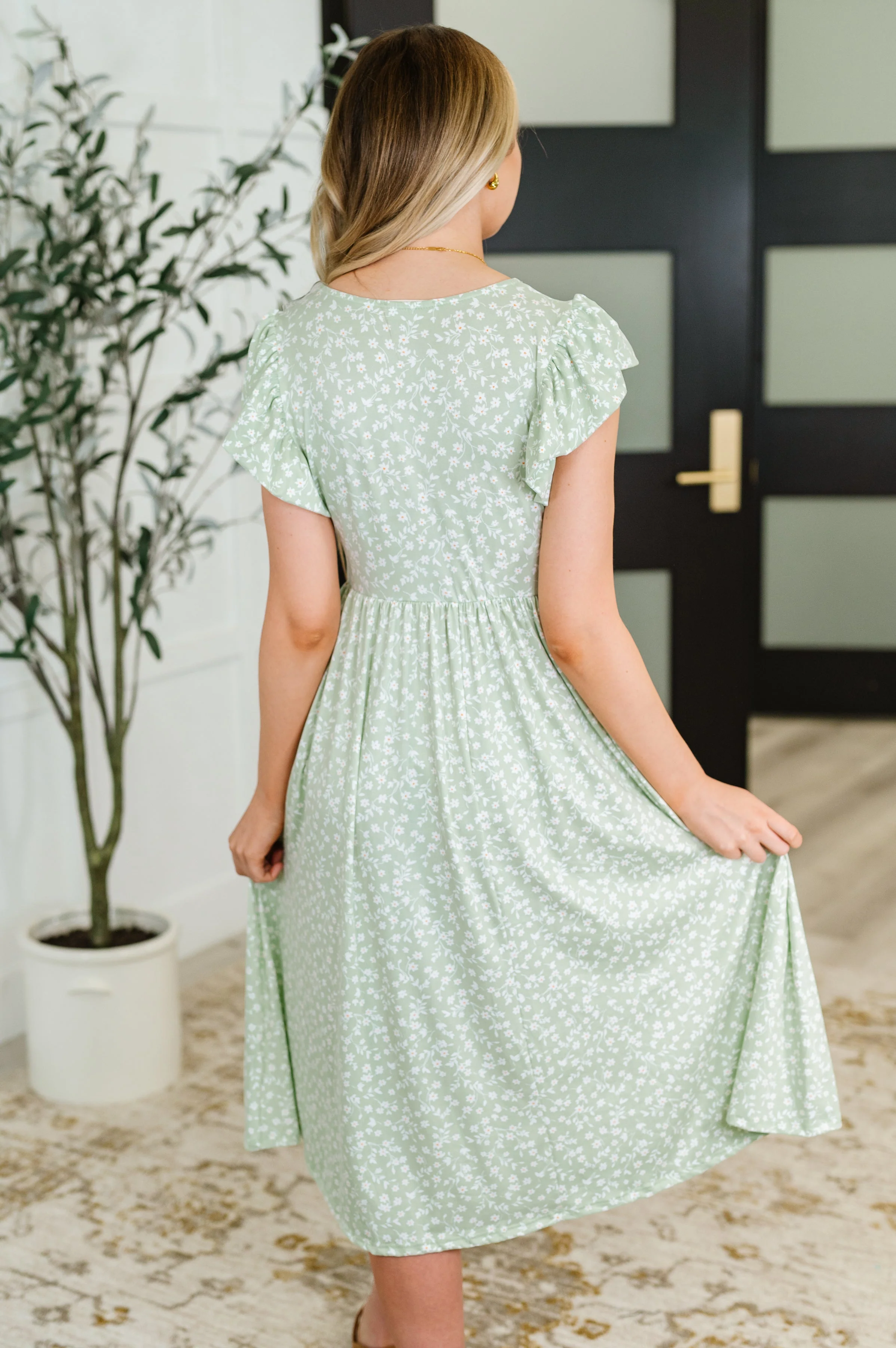 Twirl Me Softly Flutter Sleeve Dress in Sage - Image 5