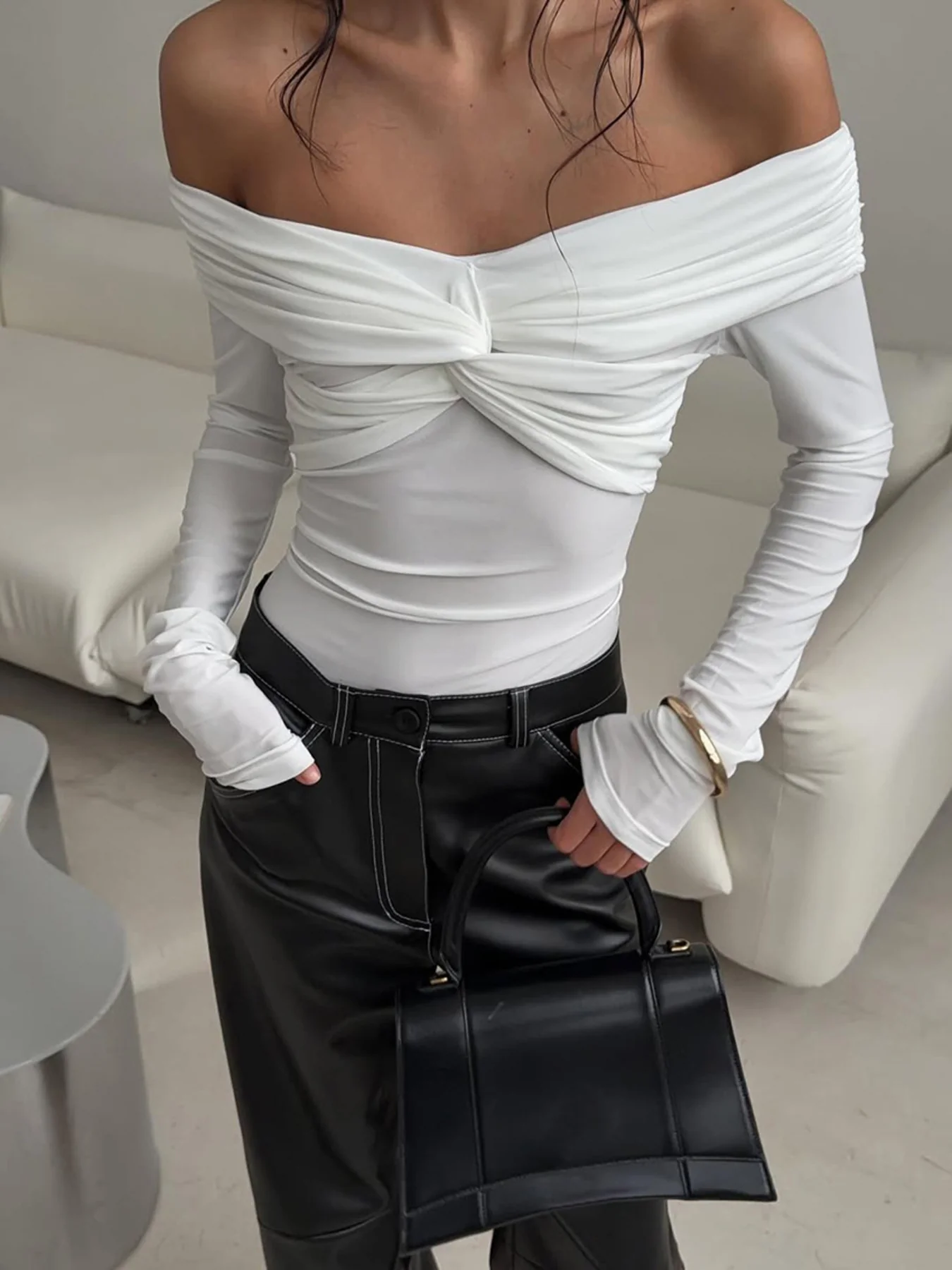 Twist Front Off-Shoulder Long Sleeve Top - Image 2