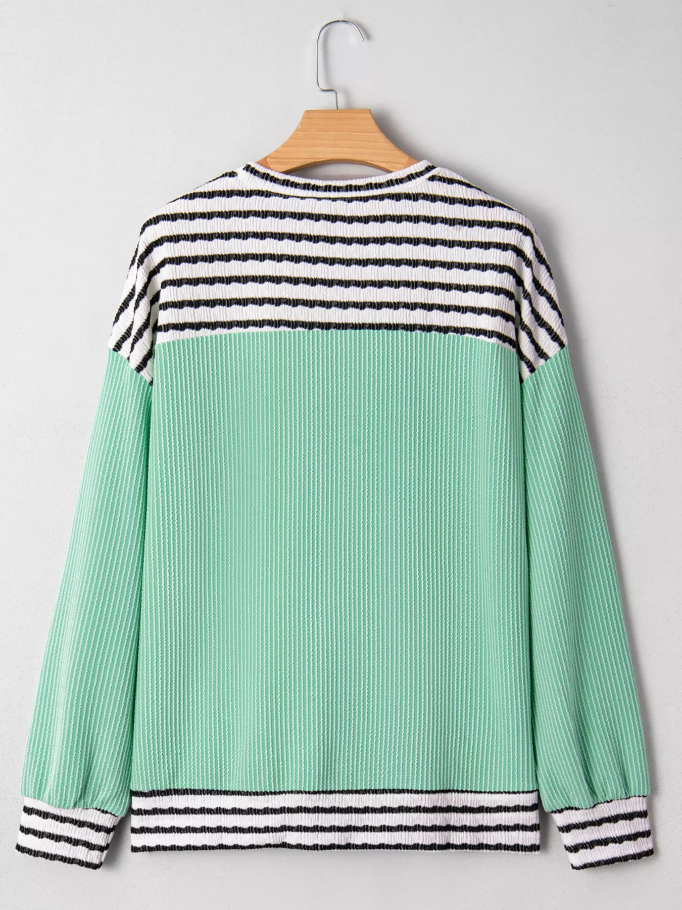 Twisted Ribbed Contrast Round Neck Striped Patchwork Long Sleeve Top - Image 3