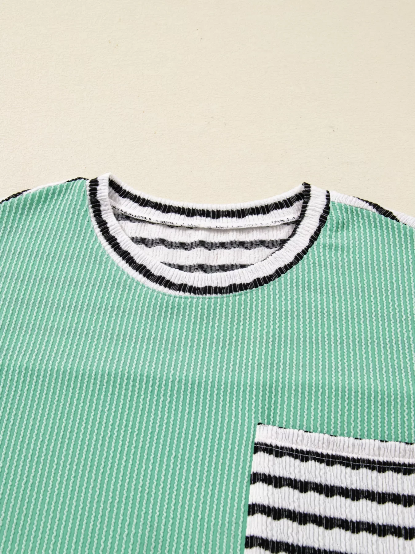 Twisted Ribbed Contrast Round Neck Striped Patchwork Long Sleeve Top - Image 4