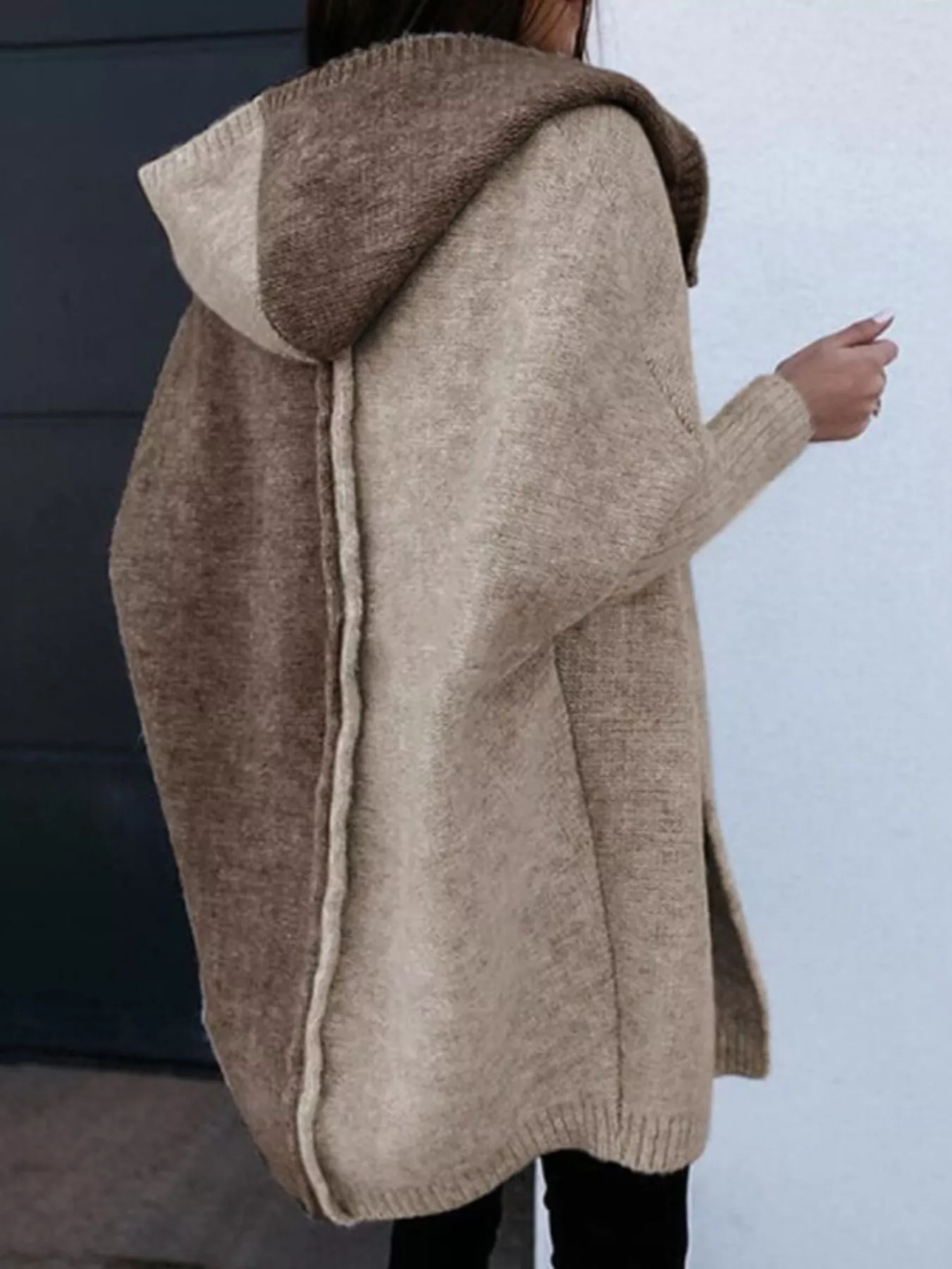 Two-Tone Open Front Knit Hooded Cardigan - Image 2