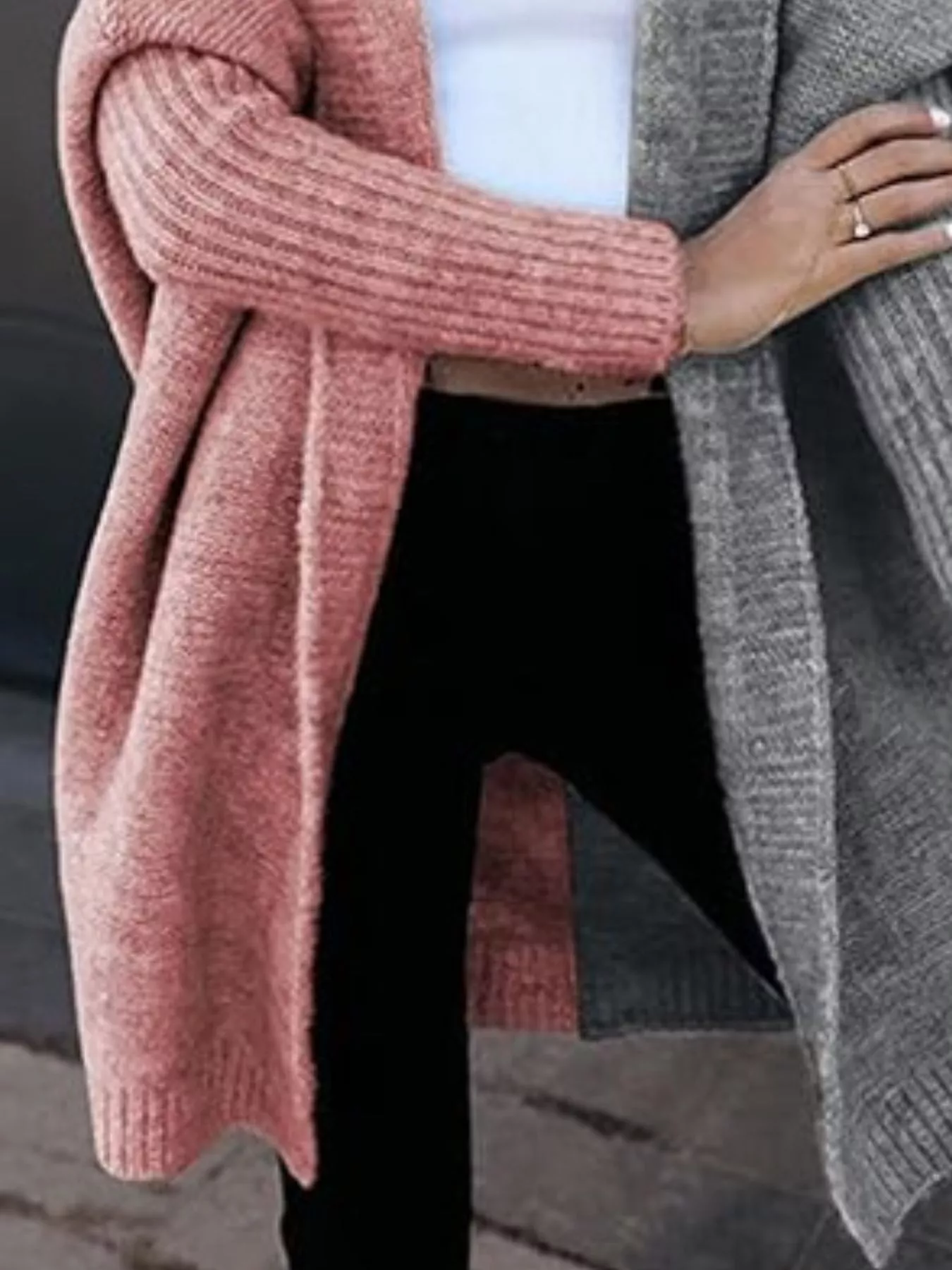 Two-Tone Open Front Knit Hooded Cardigan - Image 6