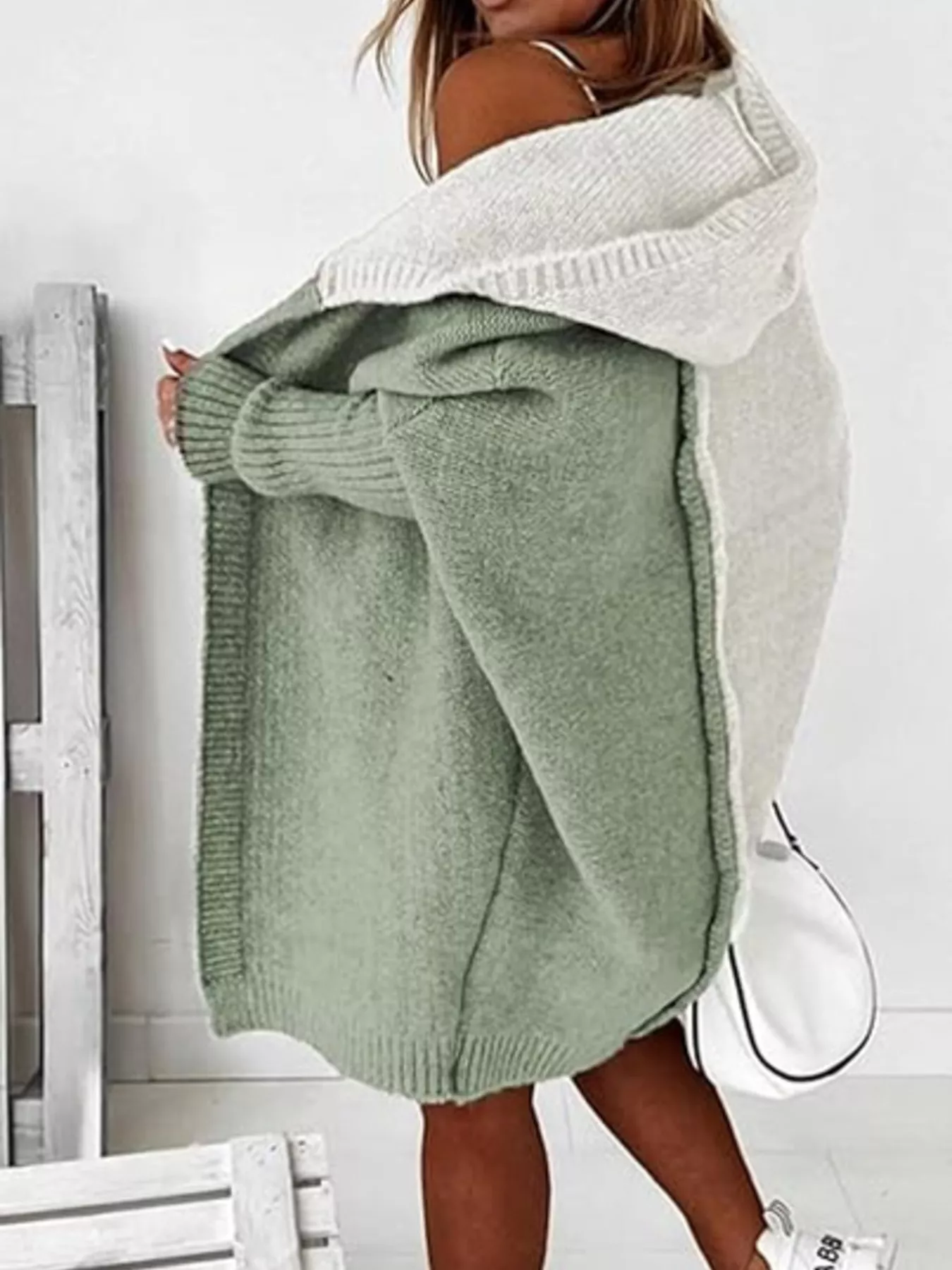 Two-Tone Open Front Knit Hooded Cardigan - Image 8