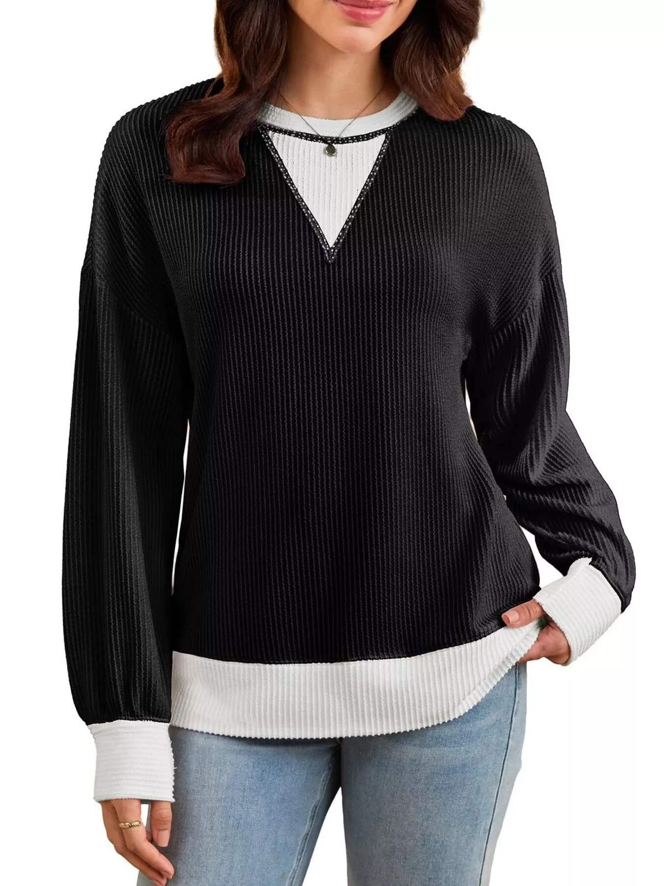 Two-Tone Ribbed Knit Sweatshirt - Image 11