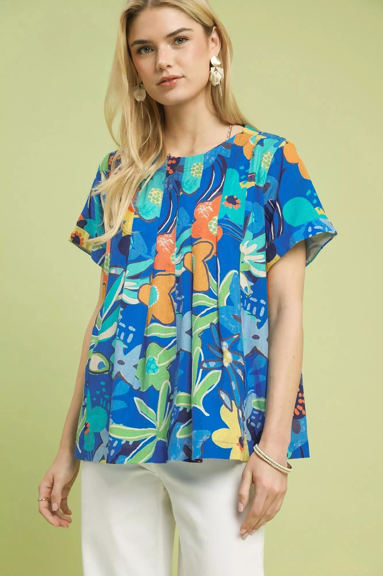Umgee Abstract Floral Pleated Blouse