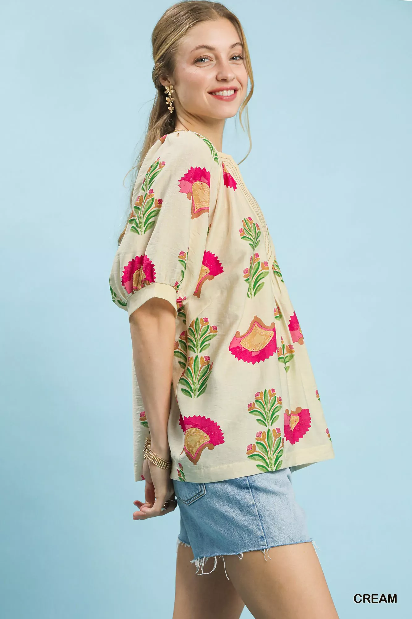 Umgee Abstract Print Blouse with Ruched Detail - Image 2