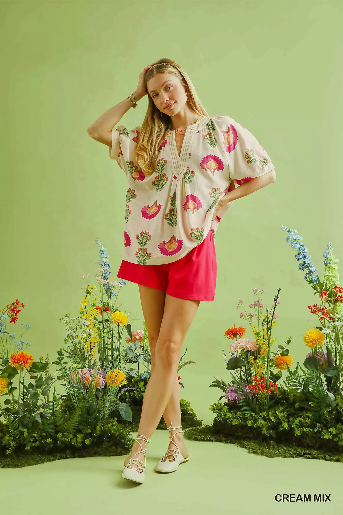 Umgee Abstract Print Blouse with Ruched Detail - Image 7