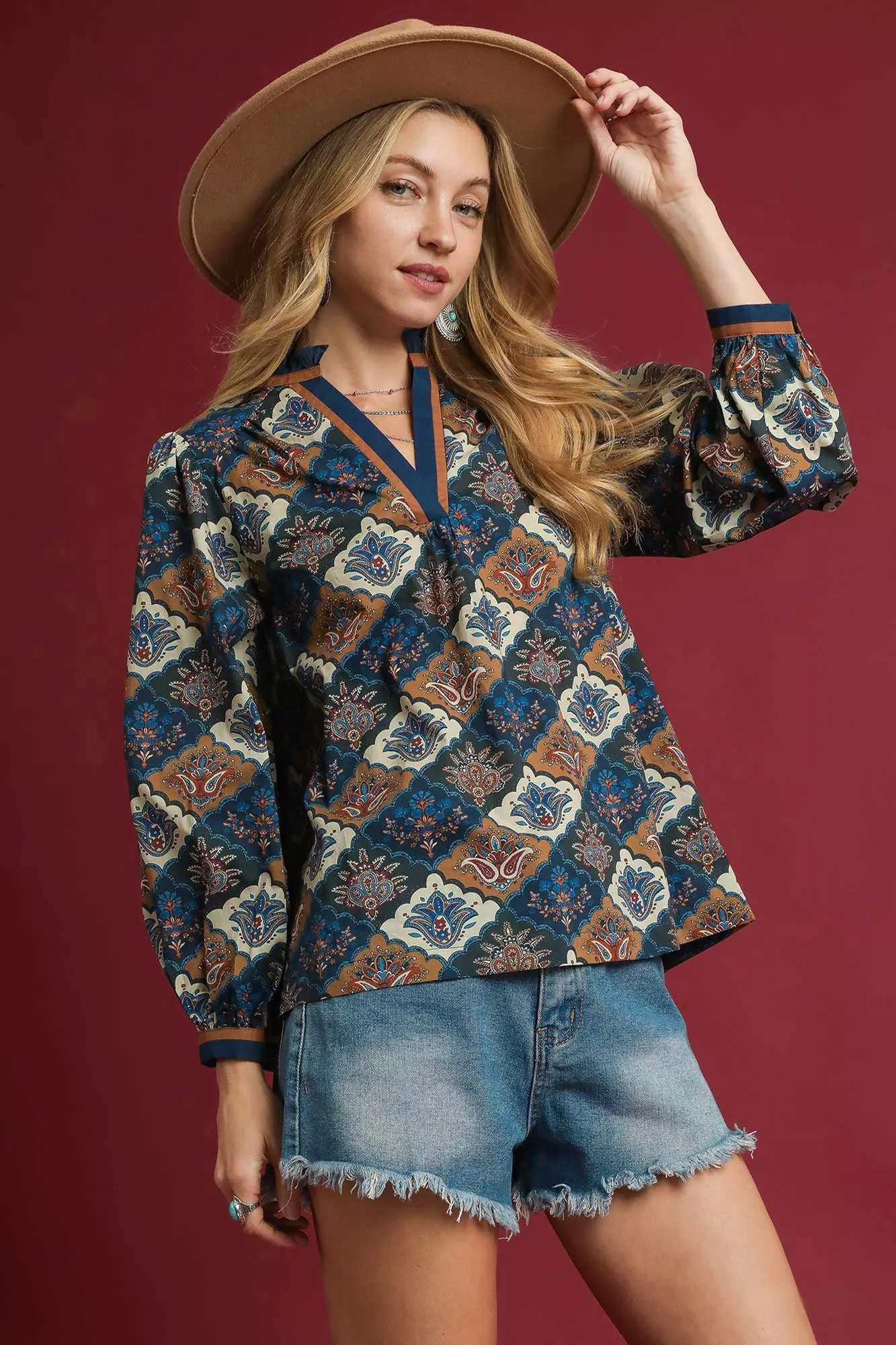 Umgee Abstract Print Ruffle Neck Top - Image 2