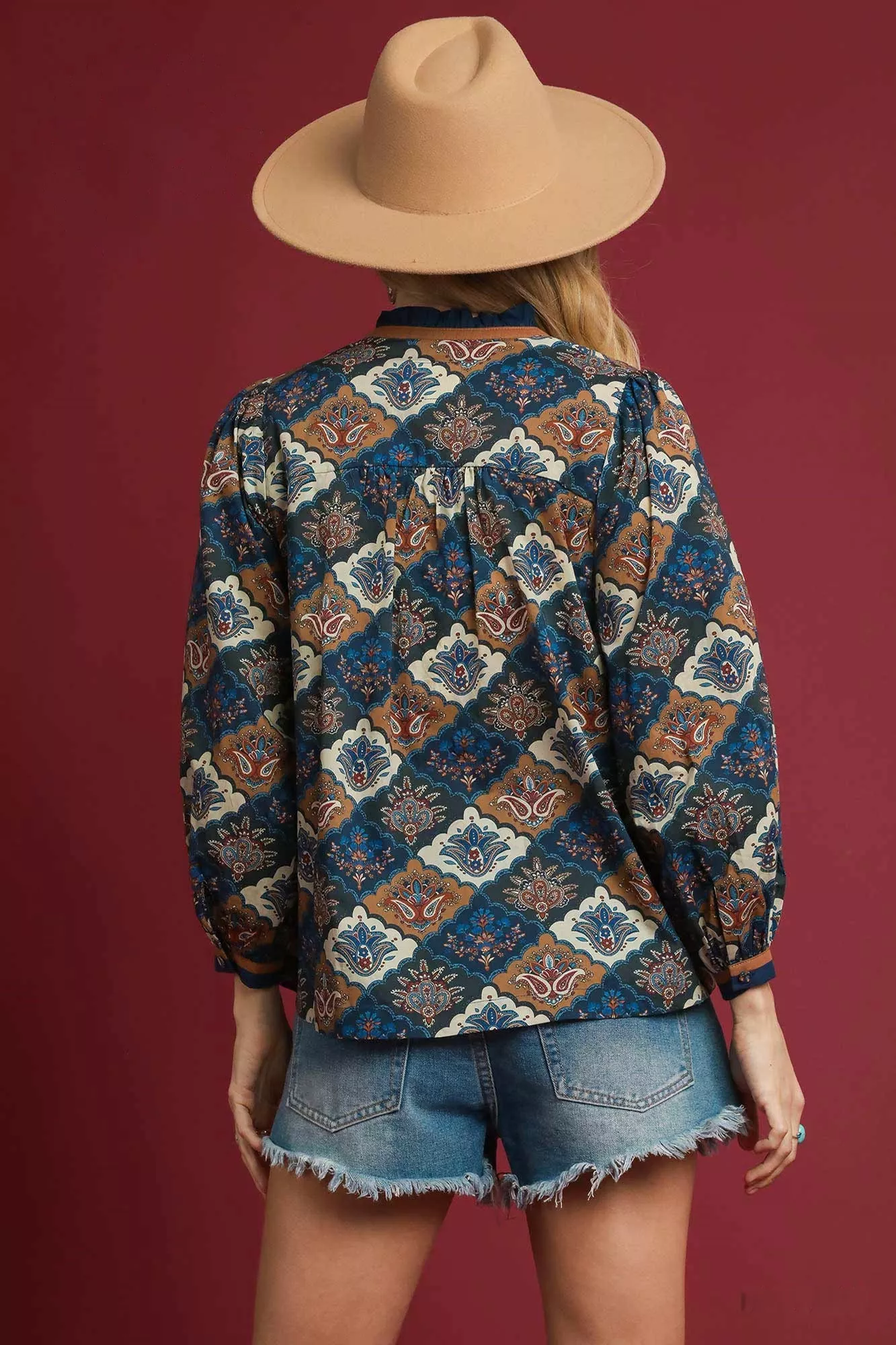 Umgee Abstract Print Ruffle Neck Top - Image 3