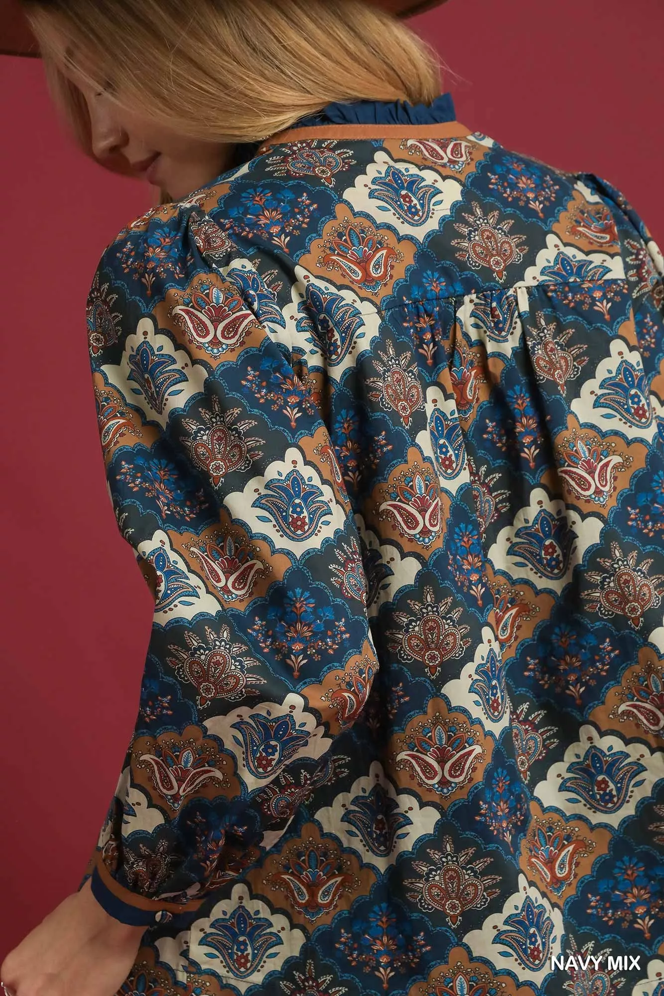 Umgee Abstract Print Ruffle Neck Top - Image 5