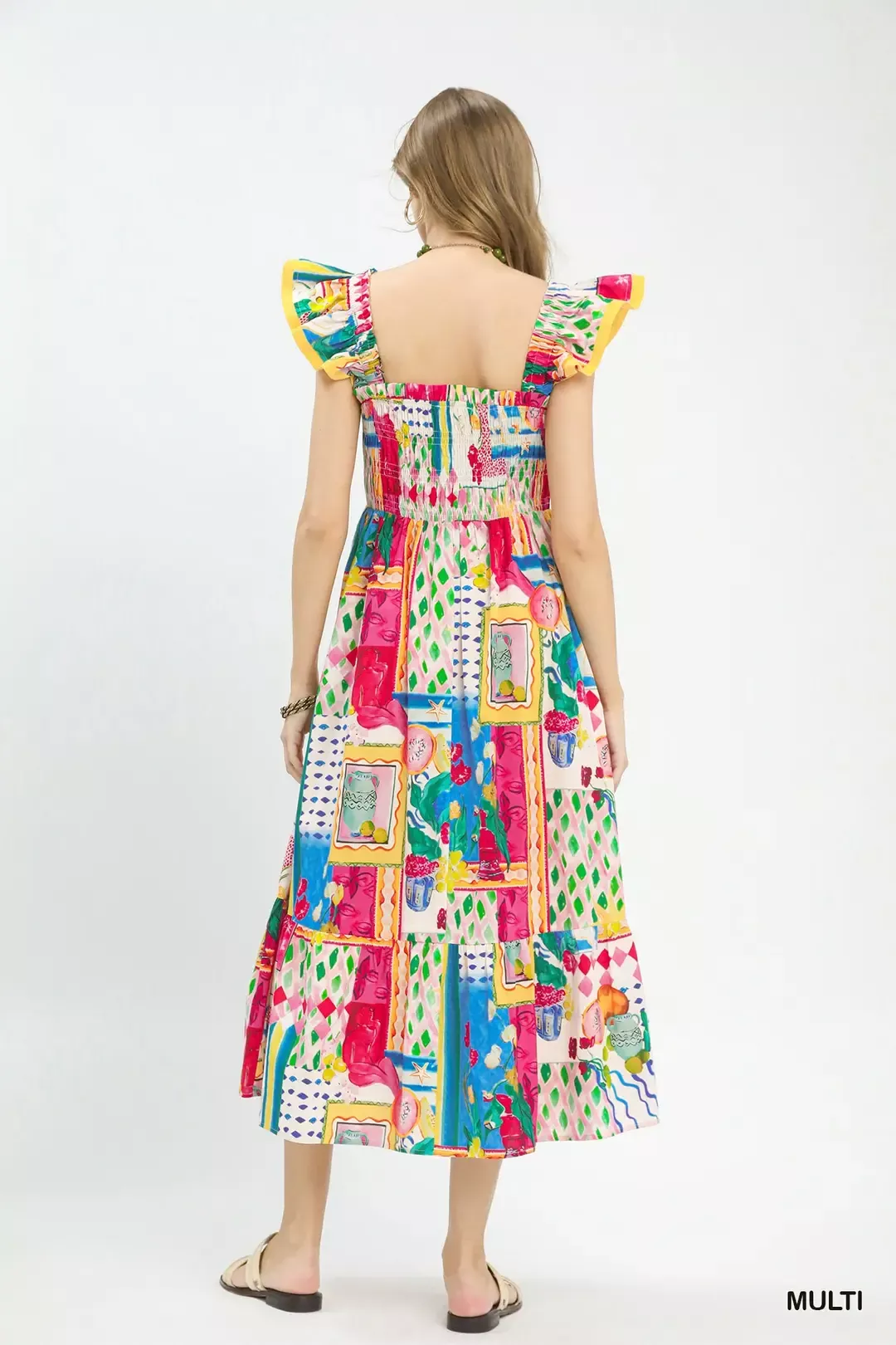 Umgee Abstract Print Smocked Ruffle Sleeve Tiered Midi Dress - Image 4