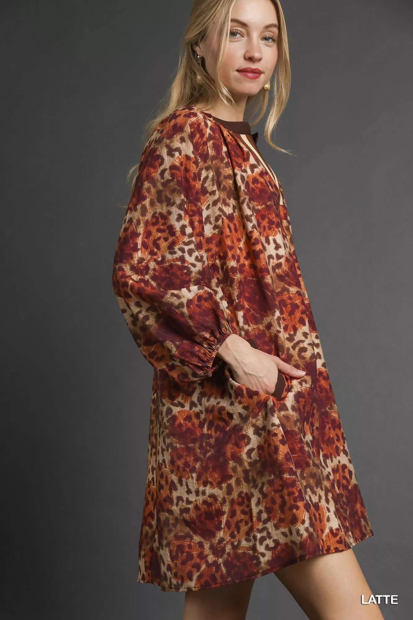 Umgee Animal Print Boho Tunic Dress with Contrast Trim Detail - Image 2