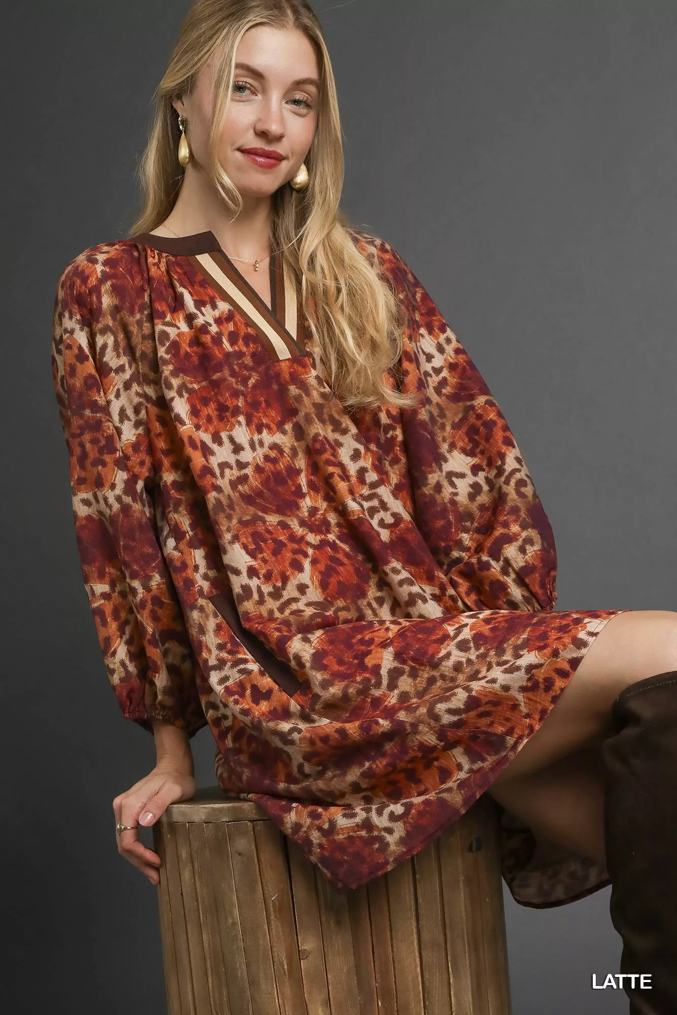 Umgee Animal Print Boho Tunic Dress with Contrast Trim Detail - Image 4