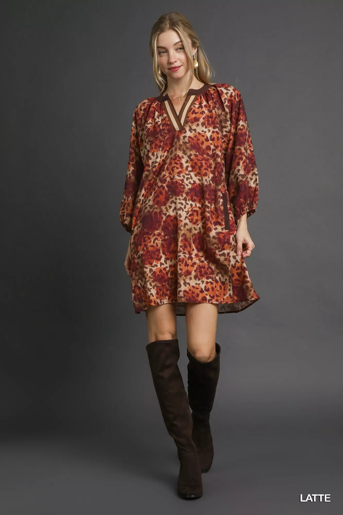 Umgee Animal Print Boho Tunic Dress with Contrast Trim Detail - Image 5