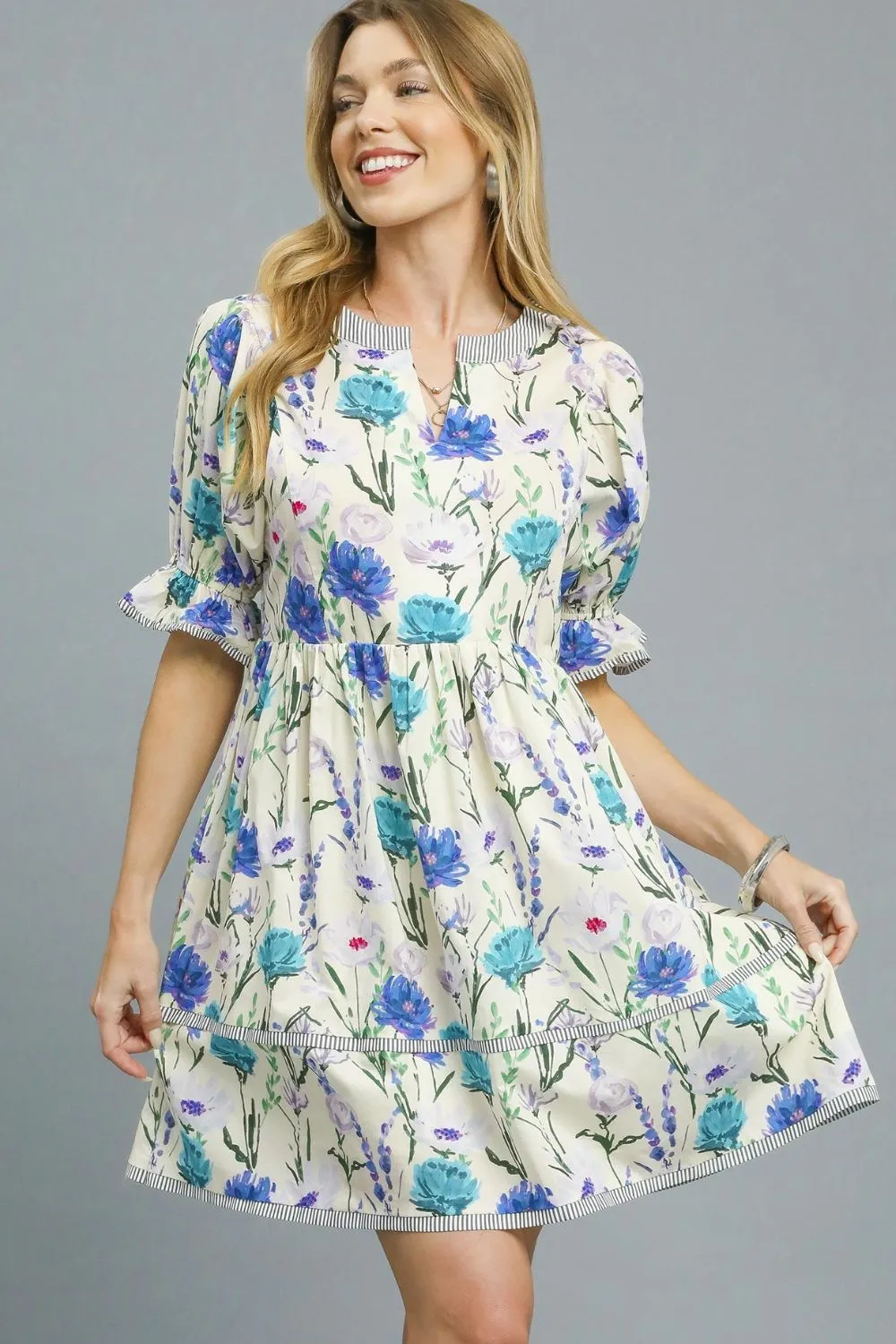 Umgee BabyDoll Floral Striped Hem Mini Dress - Image 2