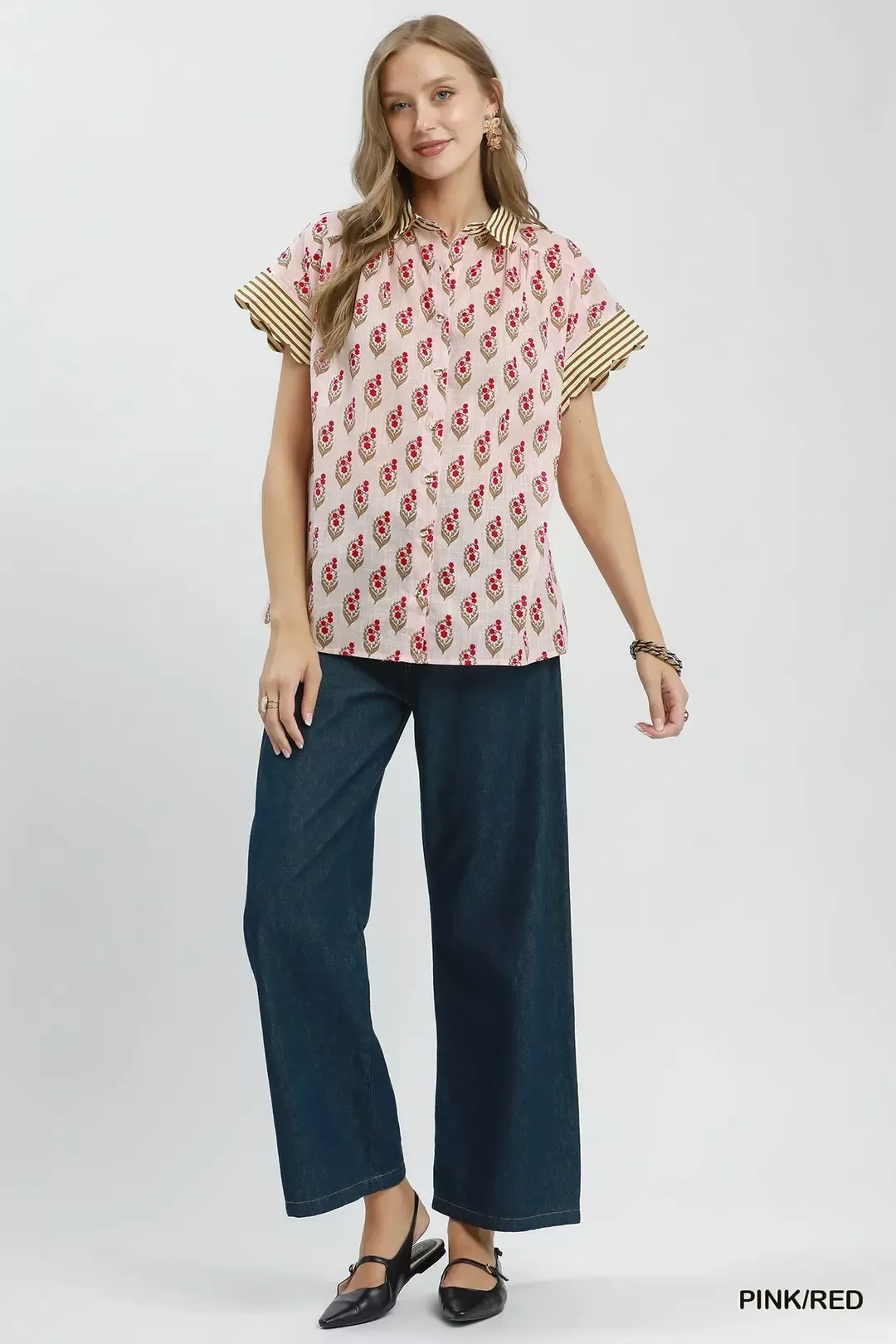 Umgee Block Print Button-Front Shirt with Contrast Stripe Point Collar - Image 6