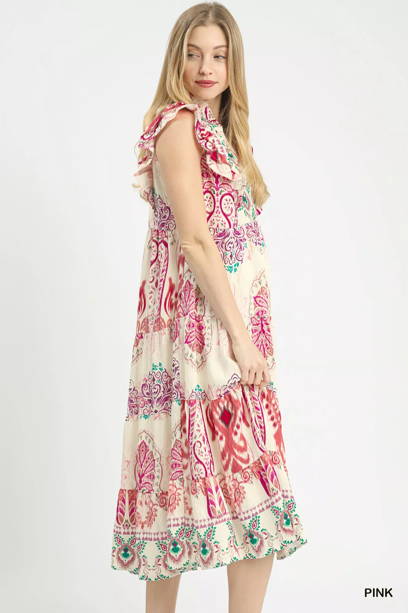 Umgee Boho Boarder Print Ruffle Midi Dress - Image 3