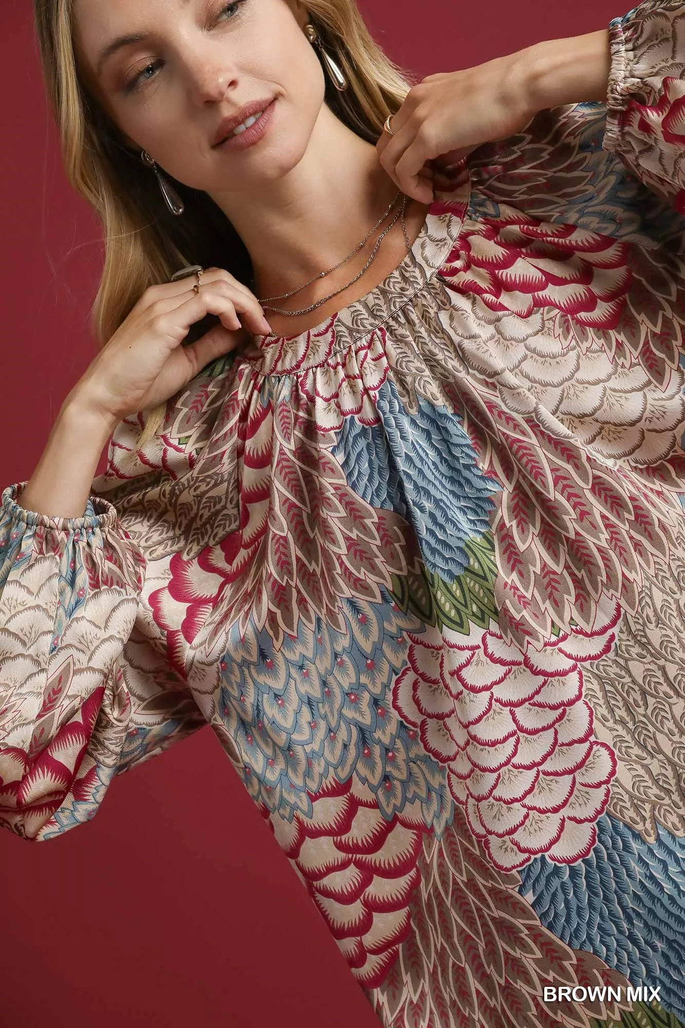 Umgee Boho Feather Print Peasant Blouse - Image 6