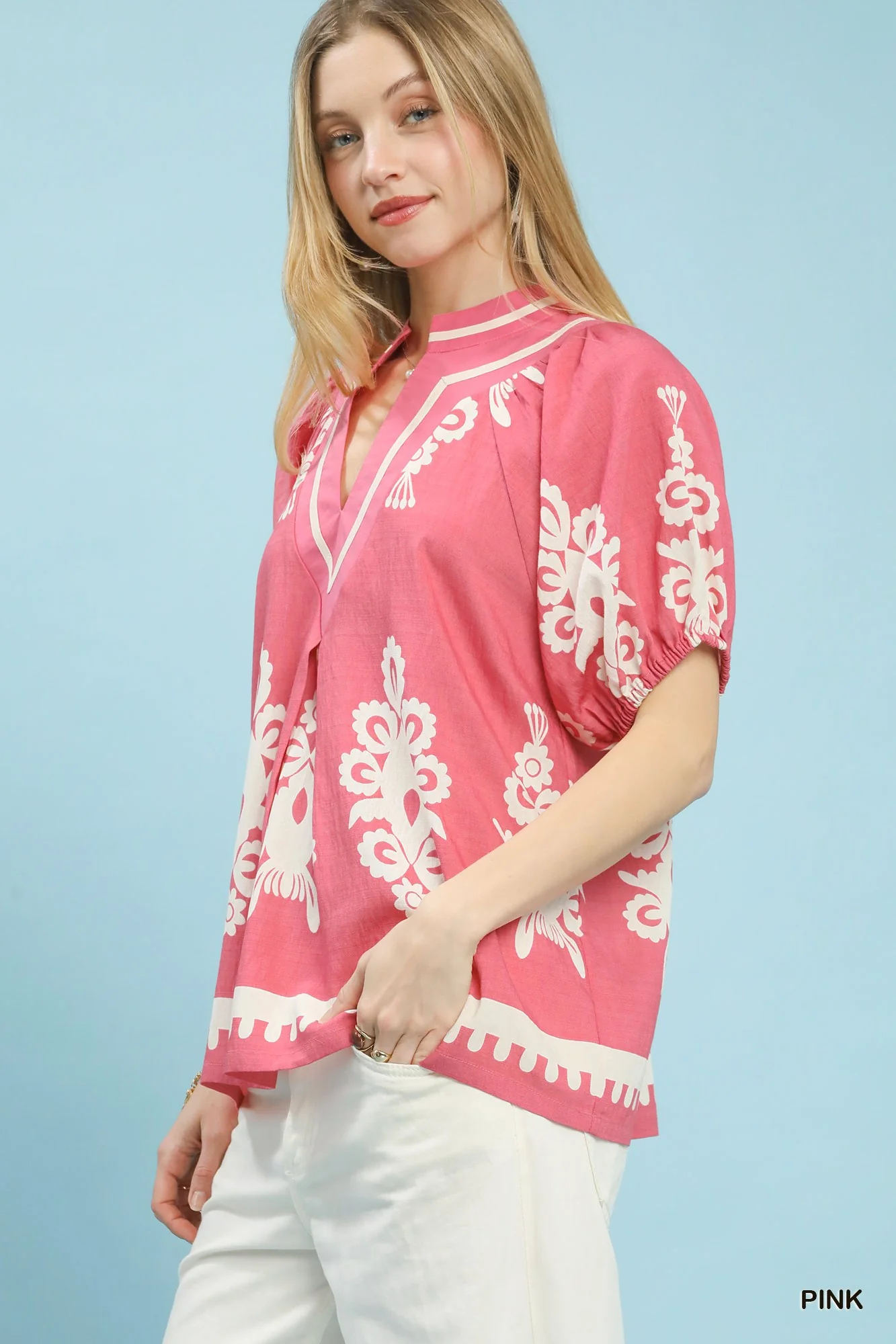 Umgee Boho Print Split-Neck Short Sleeve Top - Image 2
