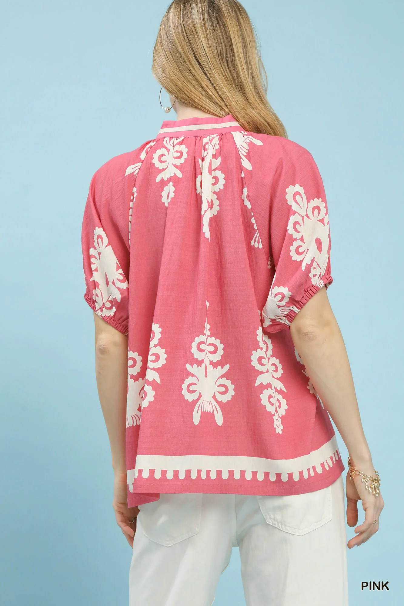 Umgee Boho Print Split-Neck Short Sleeve Top - Image 3