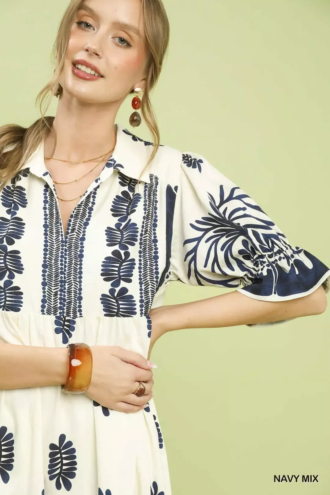 Umgee Border Print Midi Dress with Puff Sleeves - Image 4
