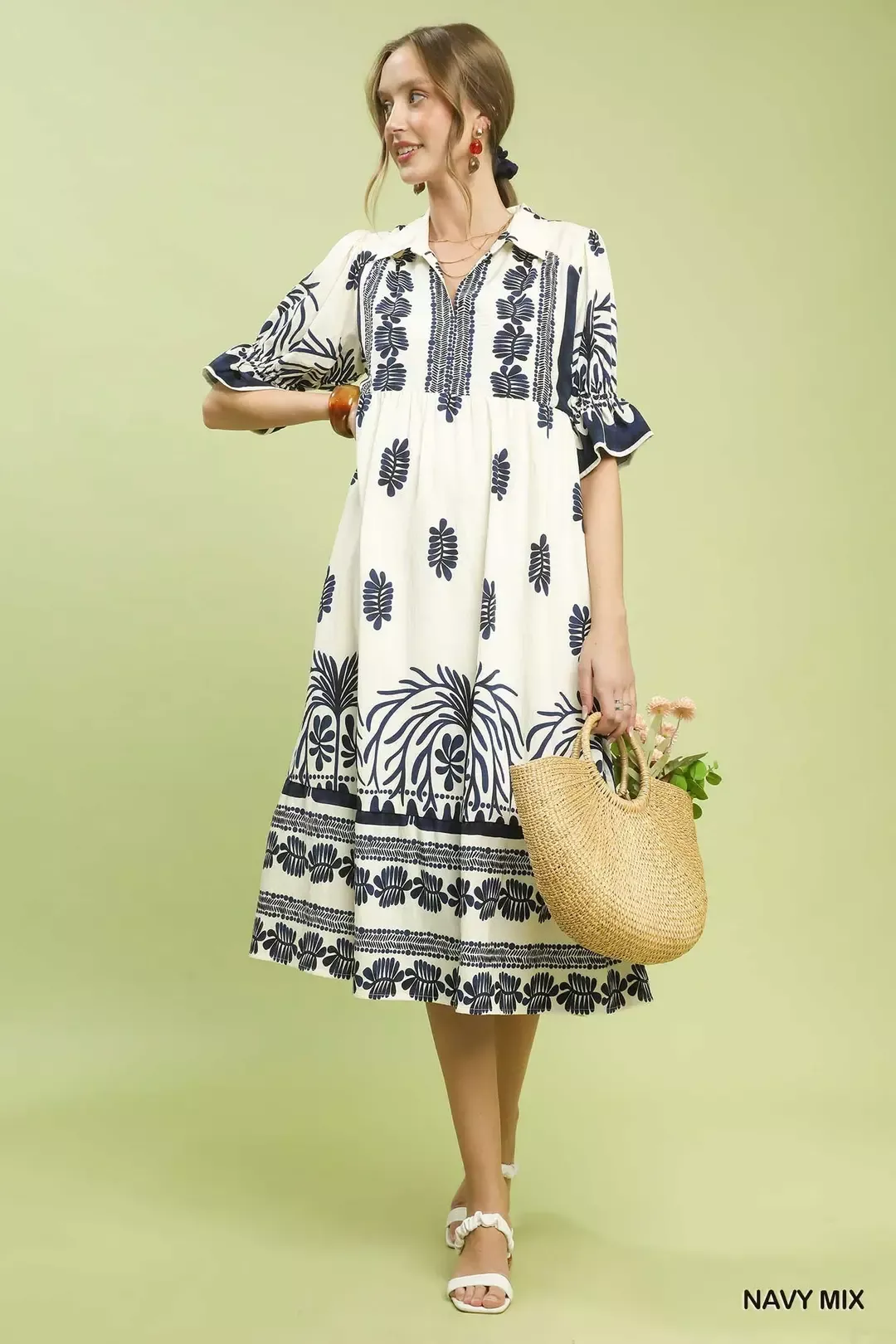 Umgee Border Print Midi Dress with Puff Sleeves - Image 5