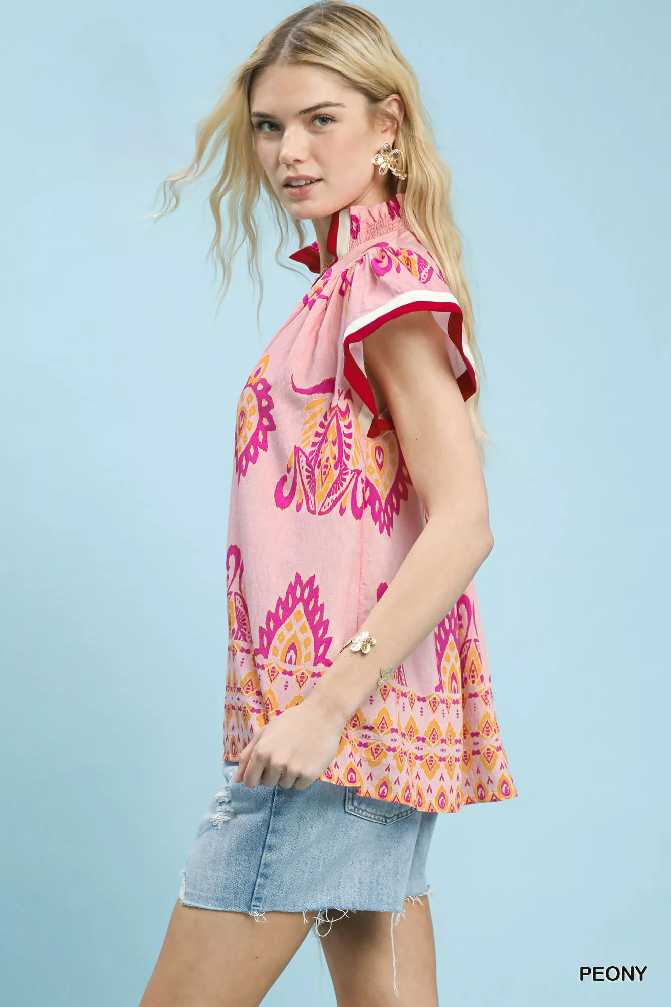 Umgee Border Print Split-Neck Boho Top - Image 2