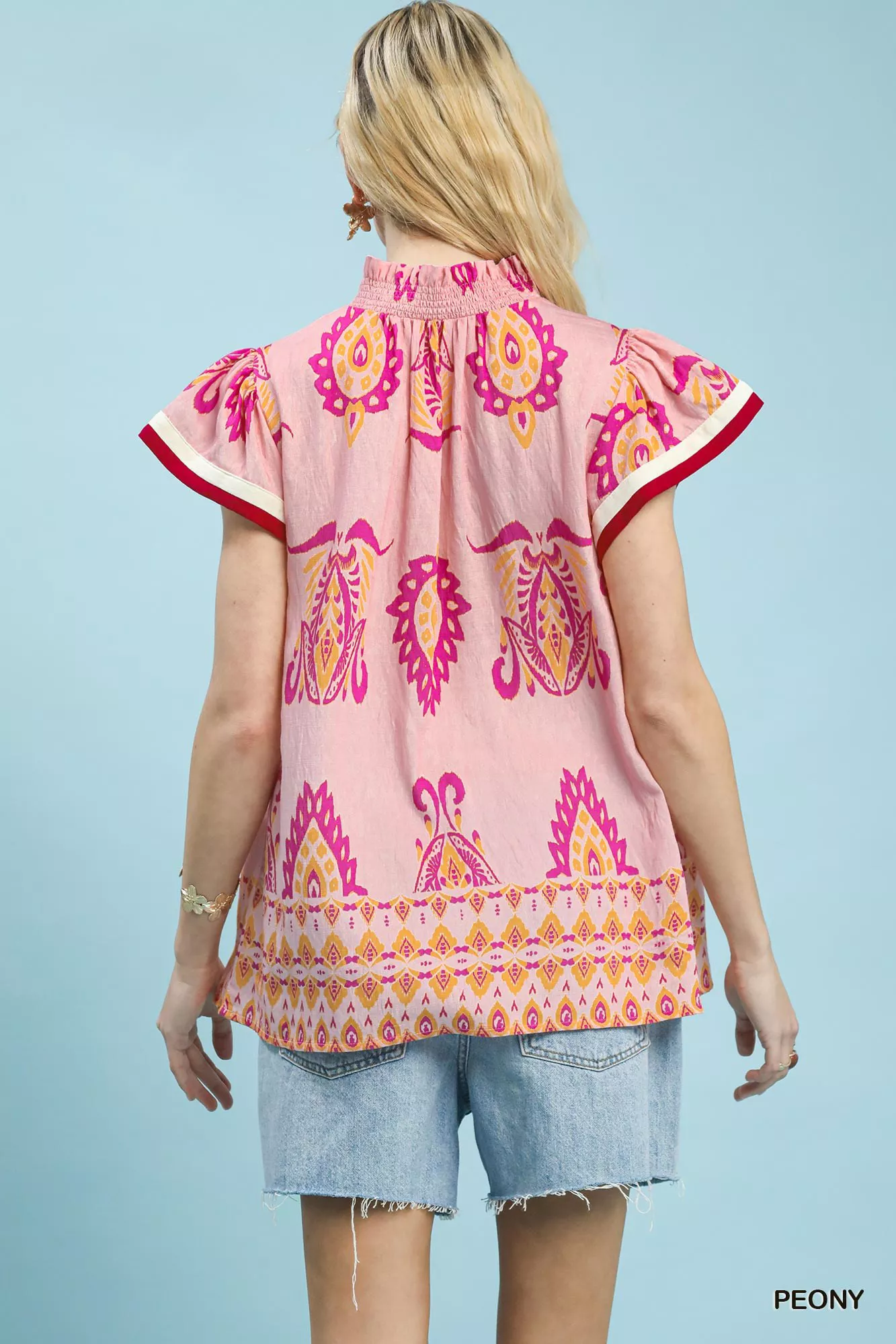 Umgee Border Print Split-Neck Boho Top - Image 3