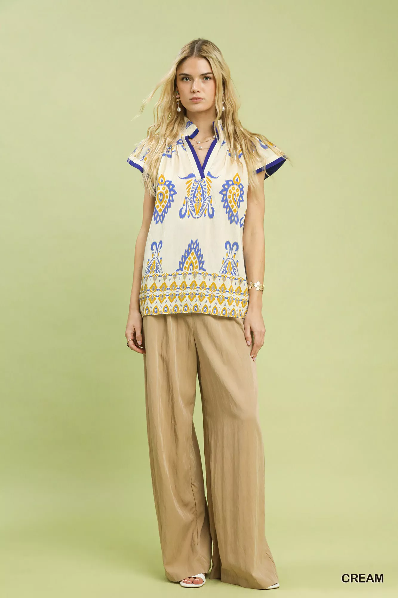Umgee Border Print Split-Neck Boho Top - Image 5