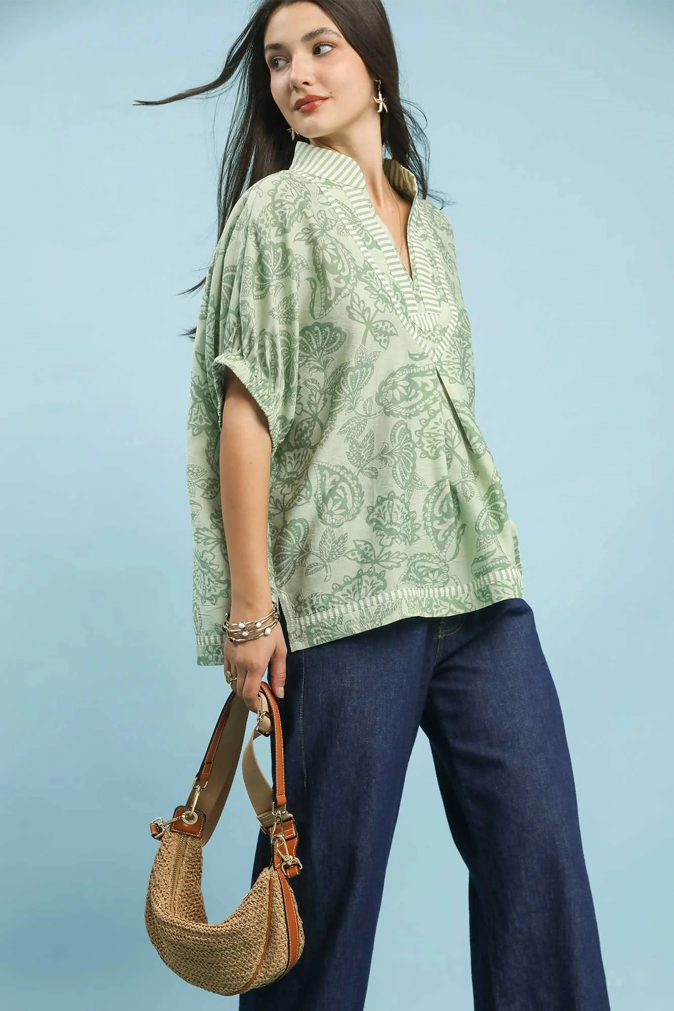 Umgee Botanical Print Mixed Trim Tunic Top - Image 2