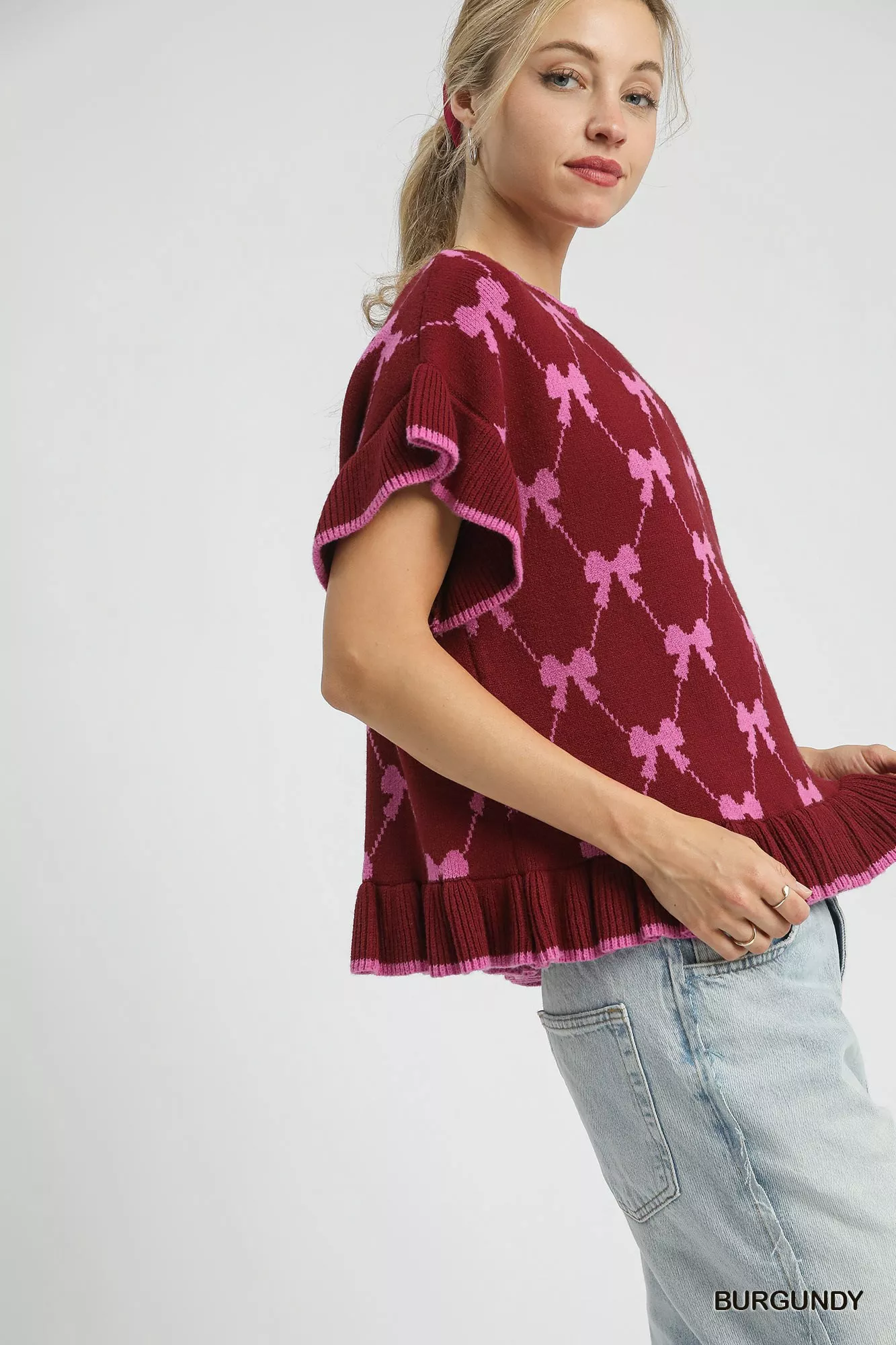 Umgee Bow Knit Ruffle Sleeve Sweater - Image 2