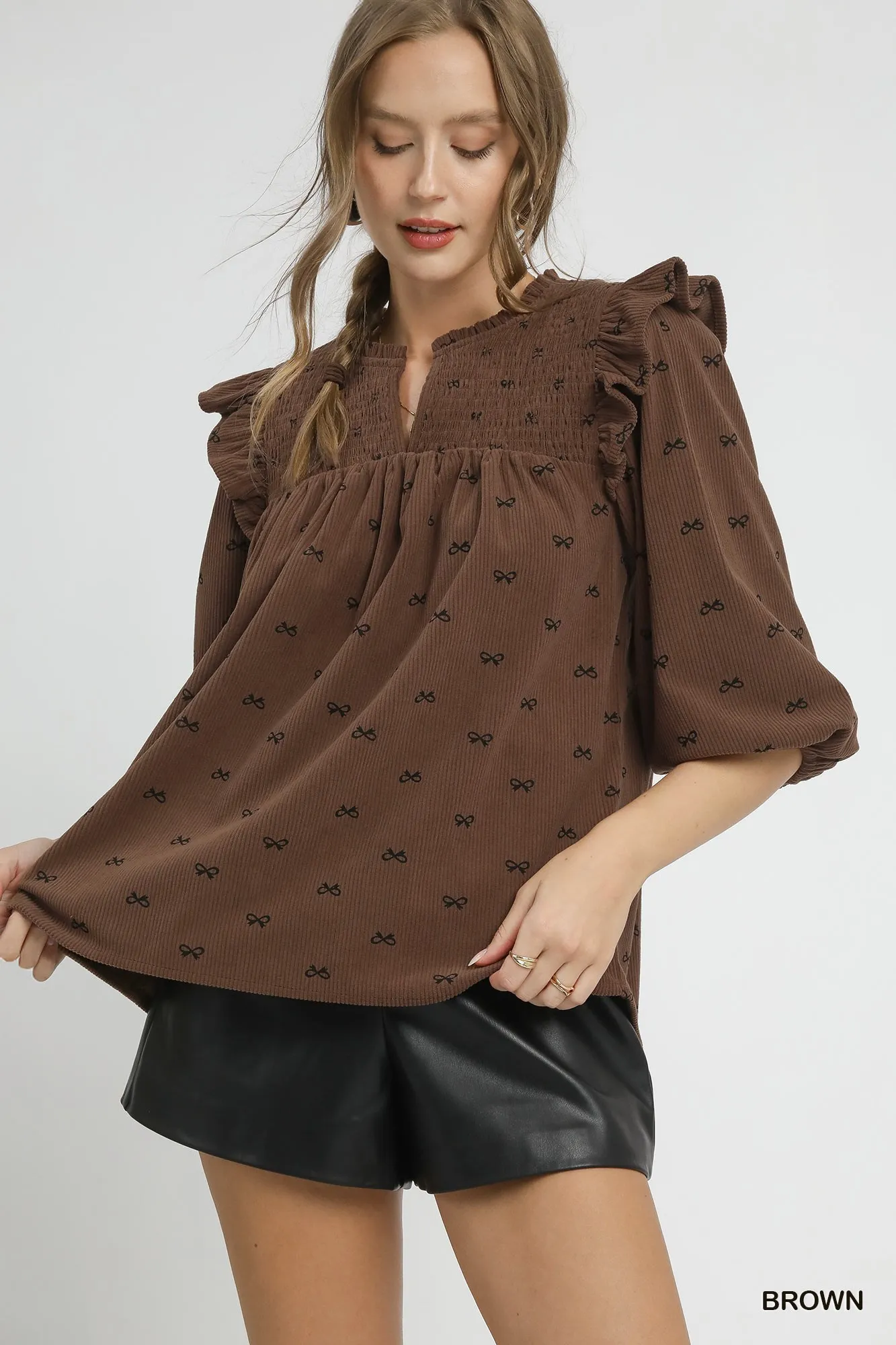 Umgee Bow Print Corduroy Puff Sleeve Blouse with Ruffled - Image 3