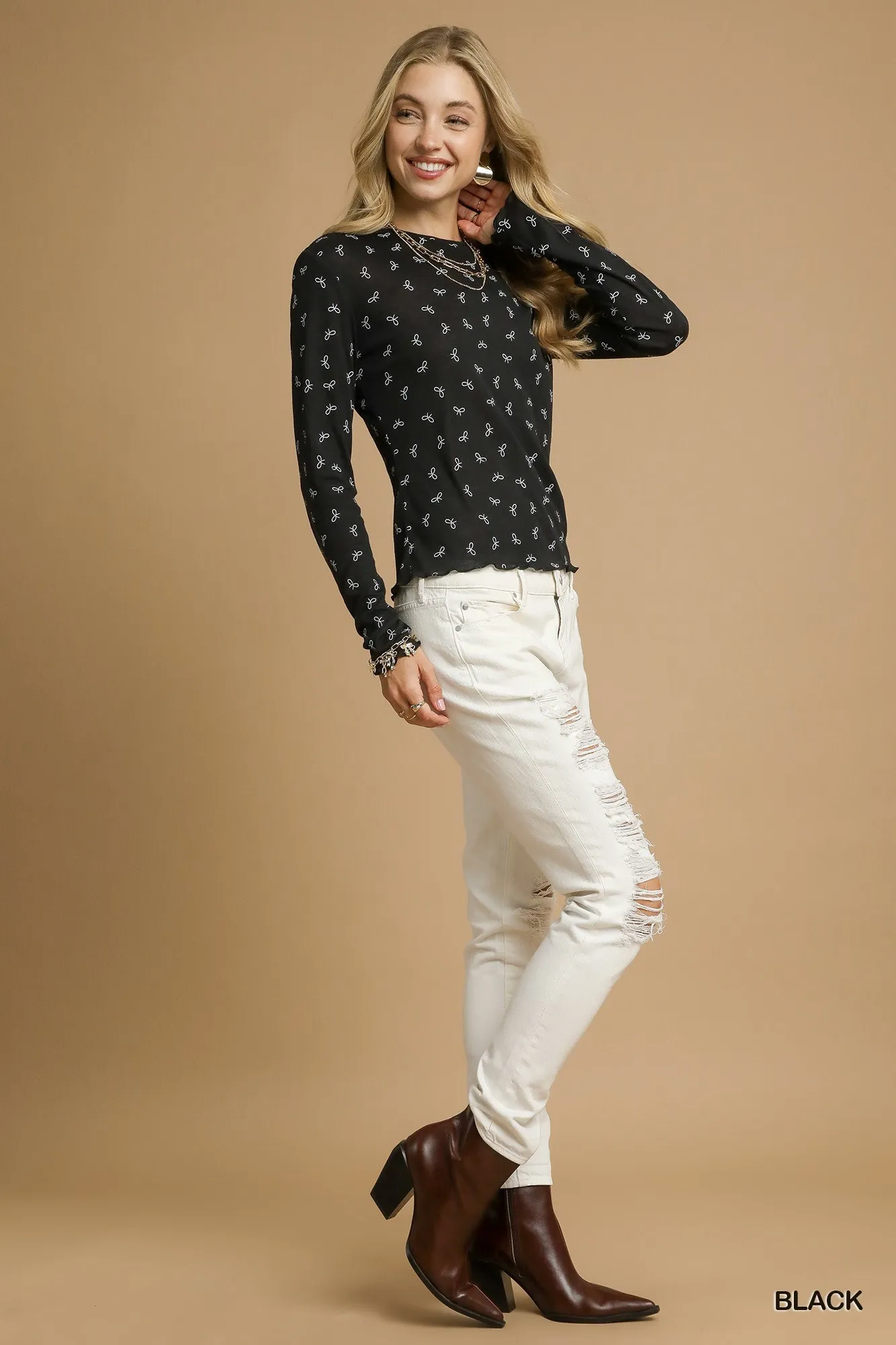 Umgee Bow Print Lightweight Knit Top - Image 5