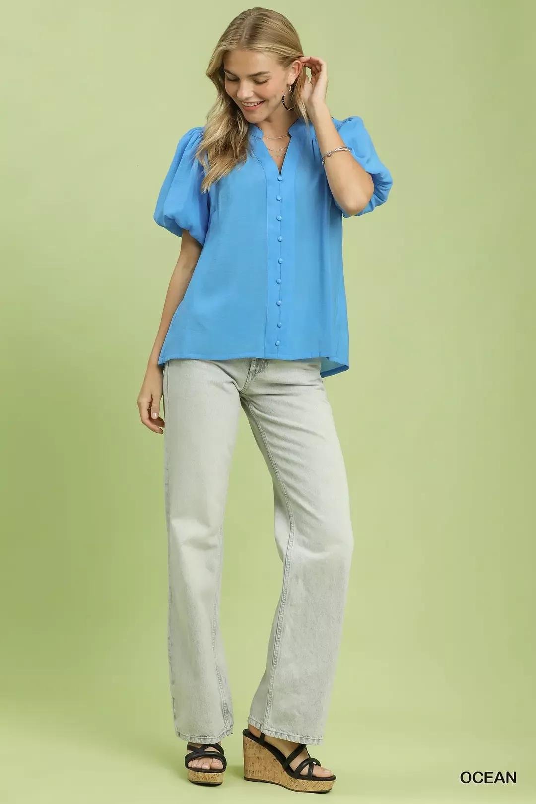Umgee Button-Down Puff Sleeve Shirt - Image 5
