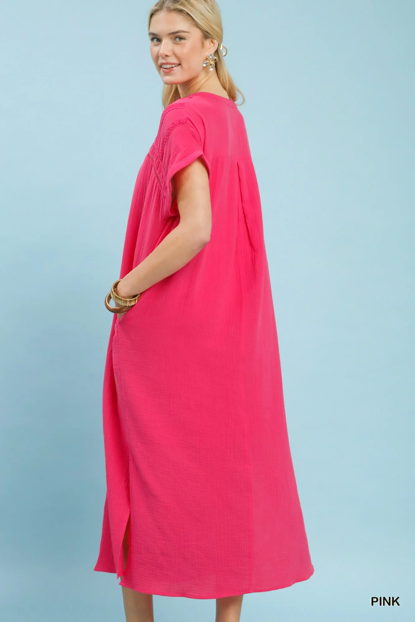 Umgee Button-Front Gauze Midi Dress with Lace Detail - Image 3