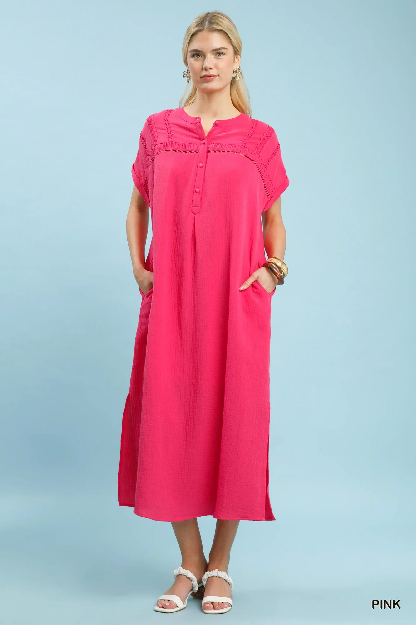 Umgee Button-Front Gauze Midi Dress with Lace Detail - Image 5