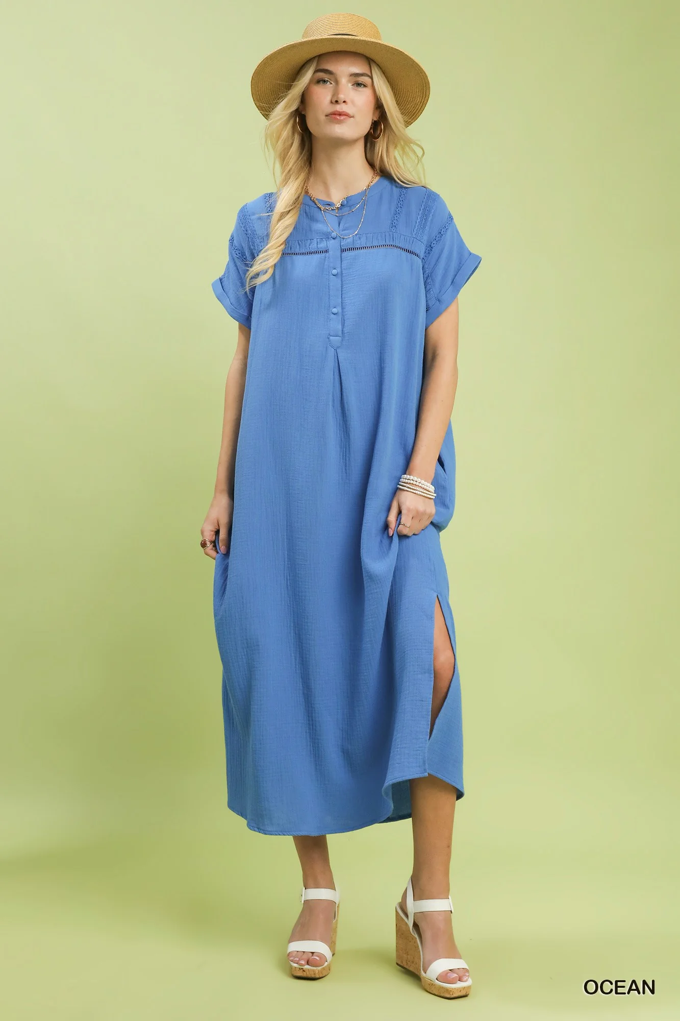 Umgee Button-Front Gauze Midi Dress with Lace Detail