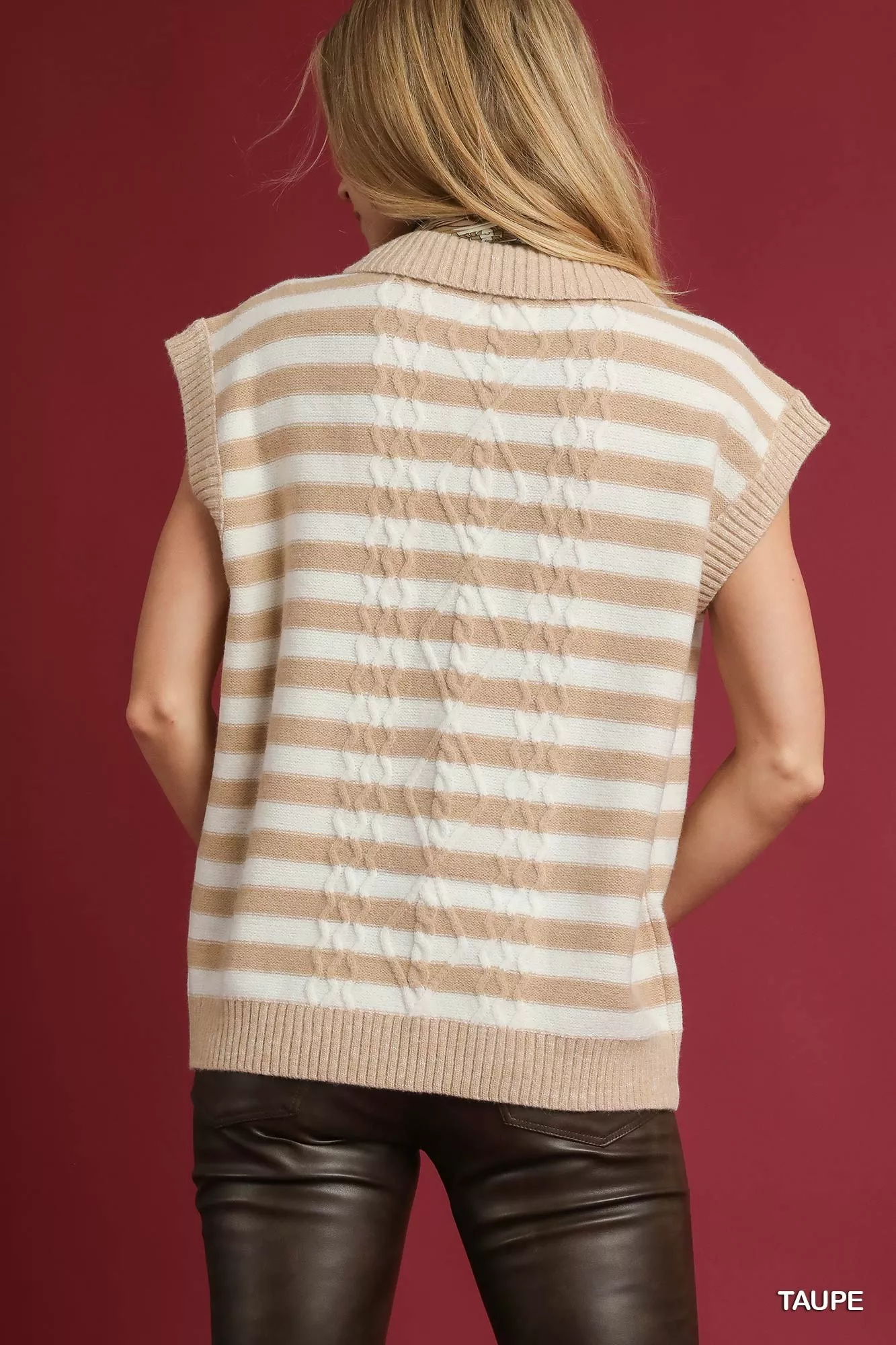 Umgee Cable Knit Collared Striped Vest Sweater - Image 2
