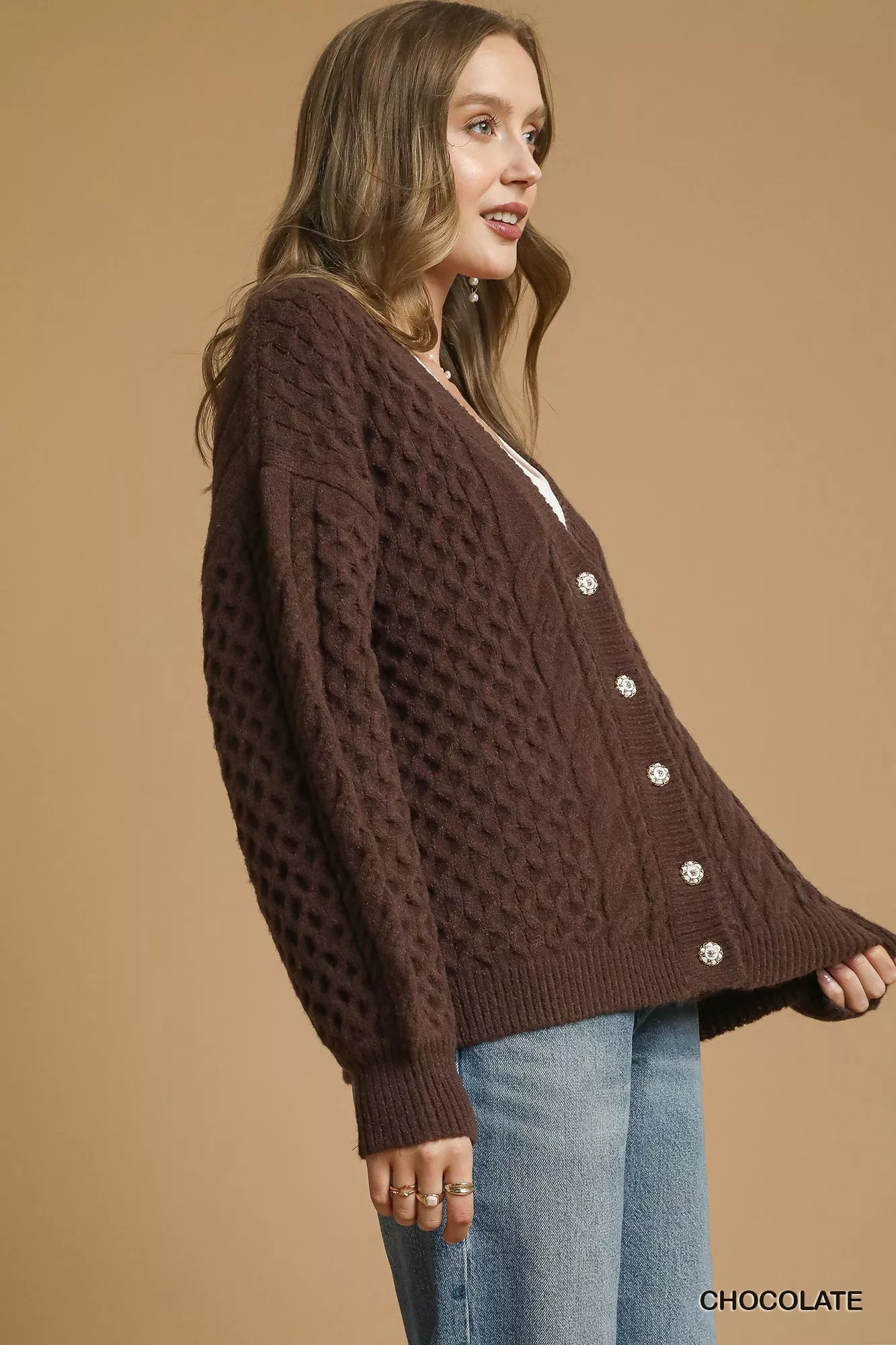 Umgee Cable Knit Pearl Button Cardigan - Image 2