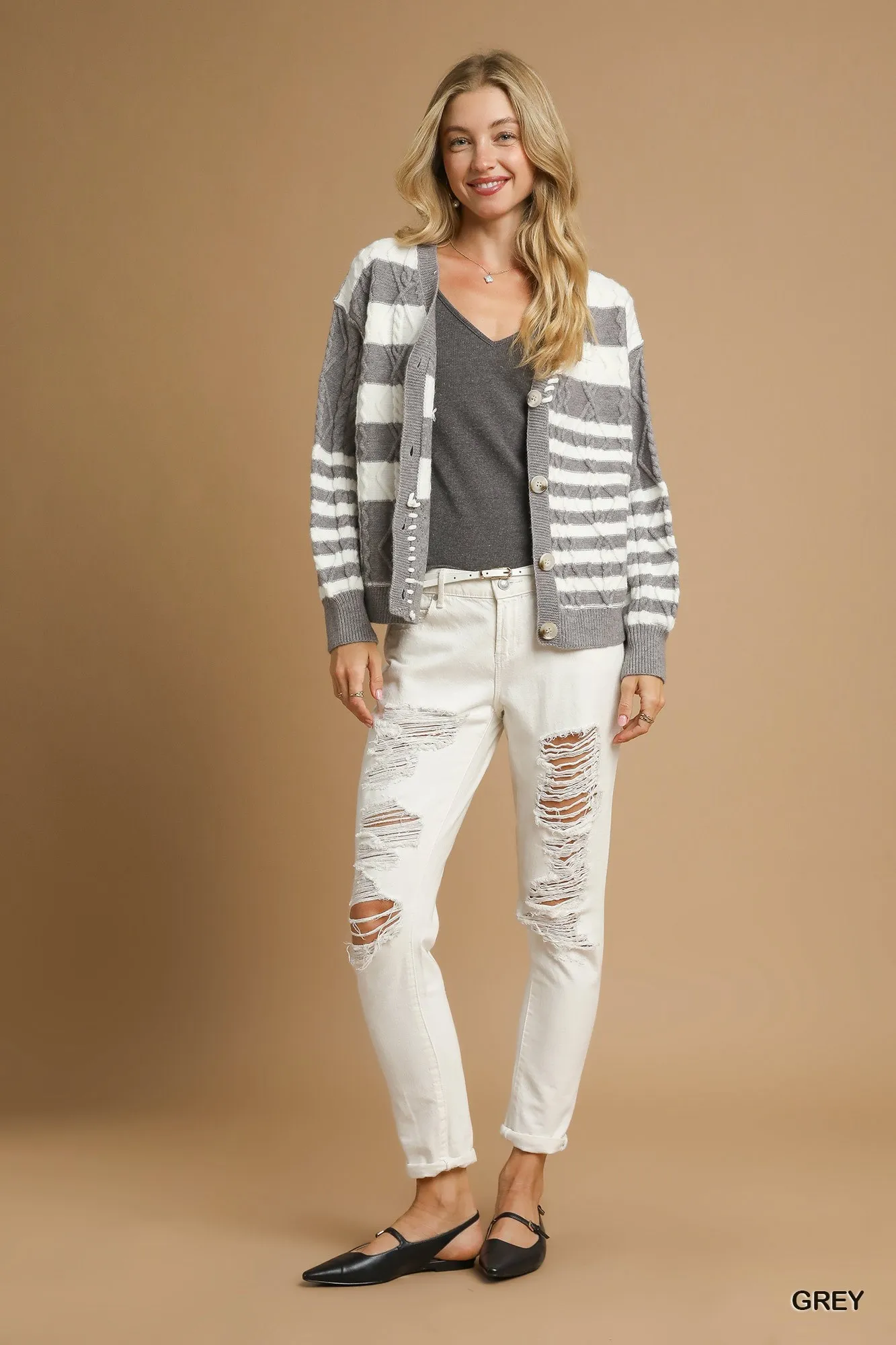 Umgee Cable-Knit Stripe Button-Up Cardigan - Image 3