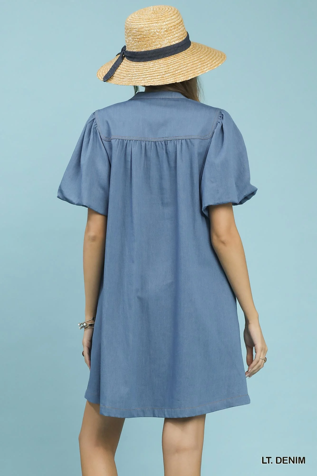 Umgee Chambray Puff Sleeve Dress - Image 3