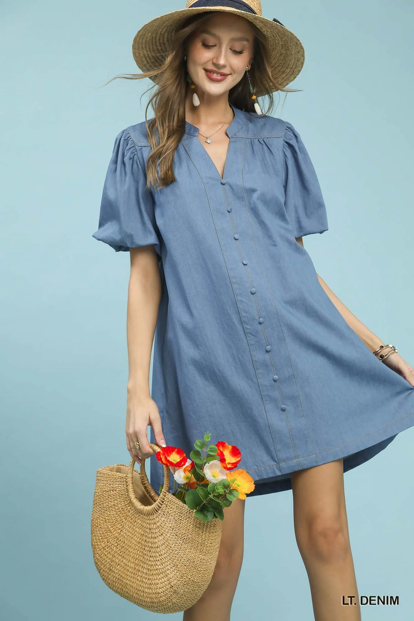 Umgee Chambray Puff Sleeve Dress - Image 4